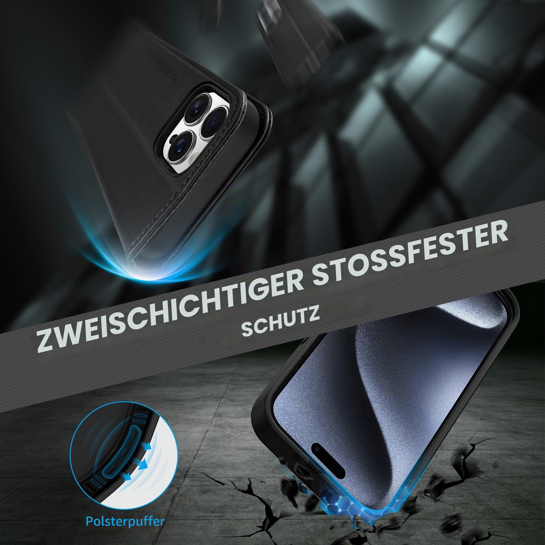 SHIELDON Rindsleder Hülle für iPhone 15 Pro 6,1" 2023 5G, Schwarz