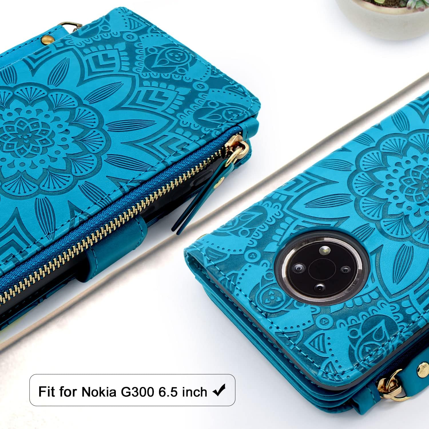 Harryshell [Block Theft Card Scanning, U Leather Flip Wallet Case Cover Zipper Pocket Wrist Strap Kickstand Compatible with Nokia G300 5G 6.5" (N1374DL) (Flower Blue)