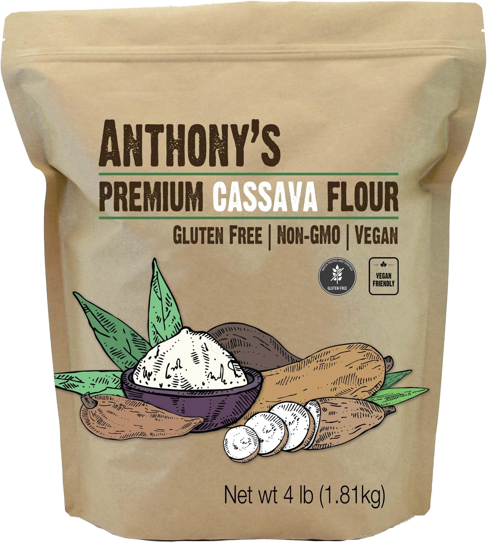 Anthony's Cassava Flour, 4lb, Batch Tested Gluten Free, Non GMO, Vegan