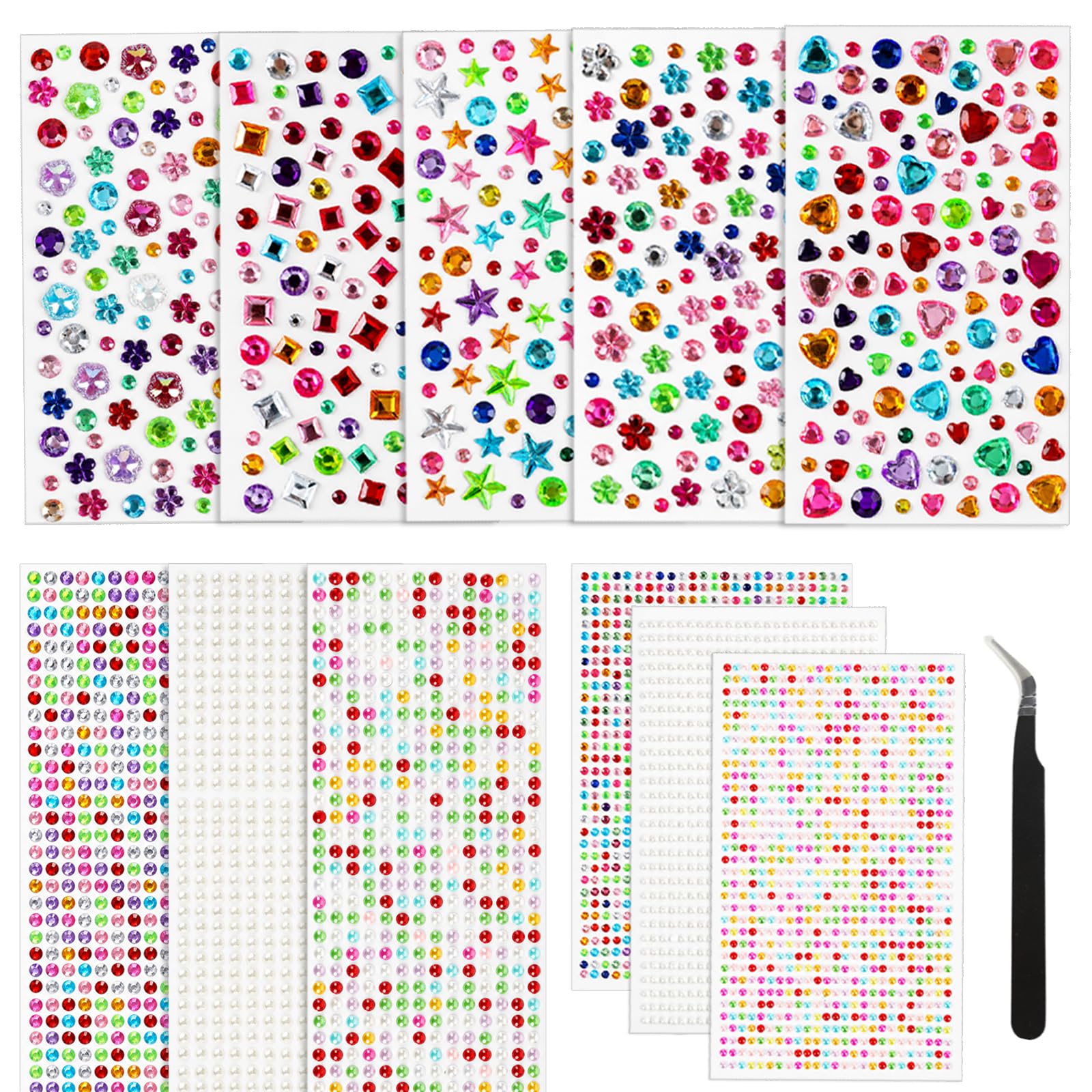 4000 Pcs Gem Stickers with Tweezers, Stick on Gems for Crafting