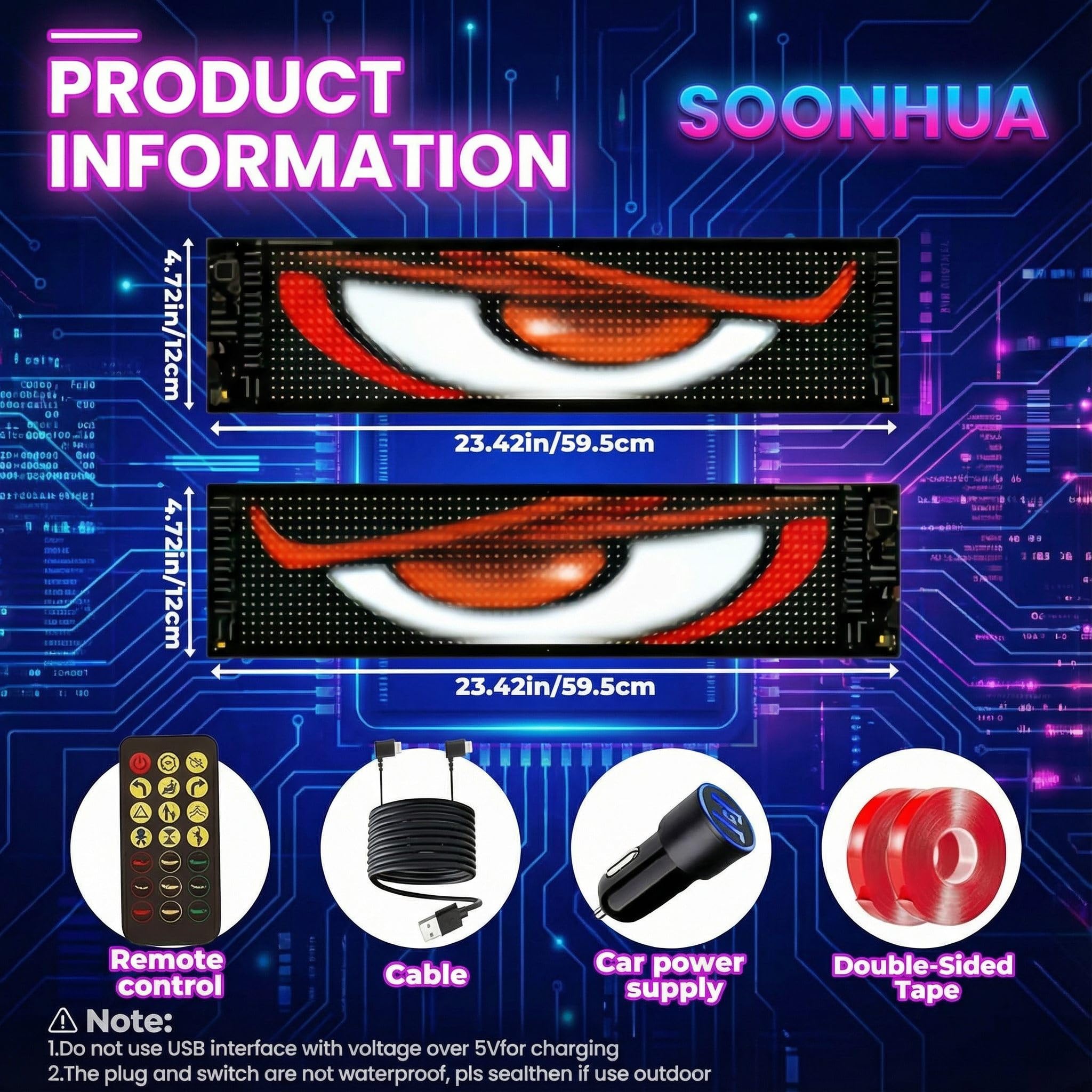 SOONHUA 2 Luces de Ojos diablos para Coche (120 mm x 595 mm) Pantalla LED, programable, Personalizable, Control Mediante aplicación Bluetooth, DIY diseño de animación