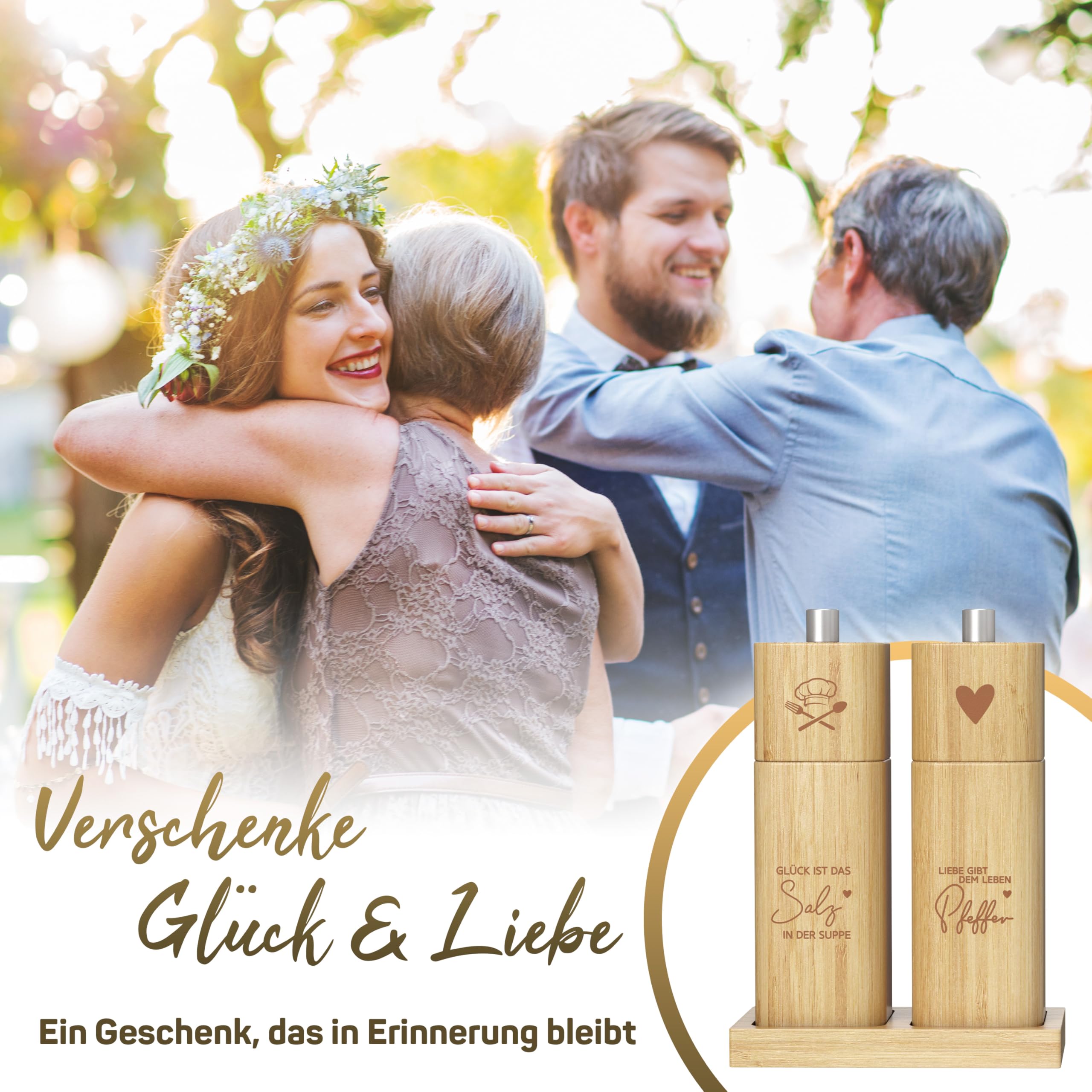 ELBFUCHS® Salz und Pfeffermühle Holz Groß [PERFEKTE GESCHENKIDEE] Liebevolles 2-er Set Pfeffer und Salzmühle mit Keramikmahlwerk | Ideal für Hölzerne Hochzeit Geschenk Einzug, Polterabend