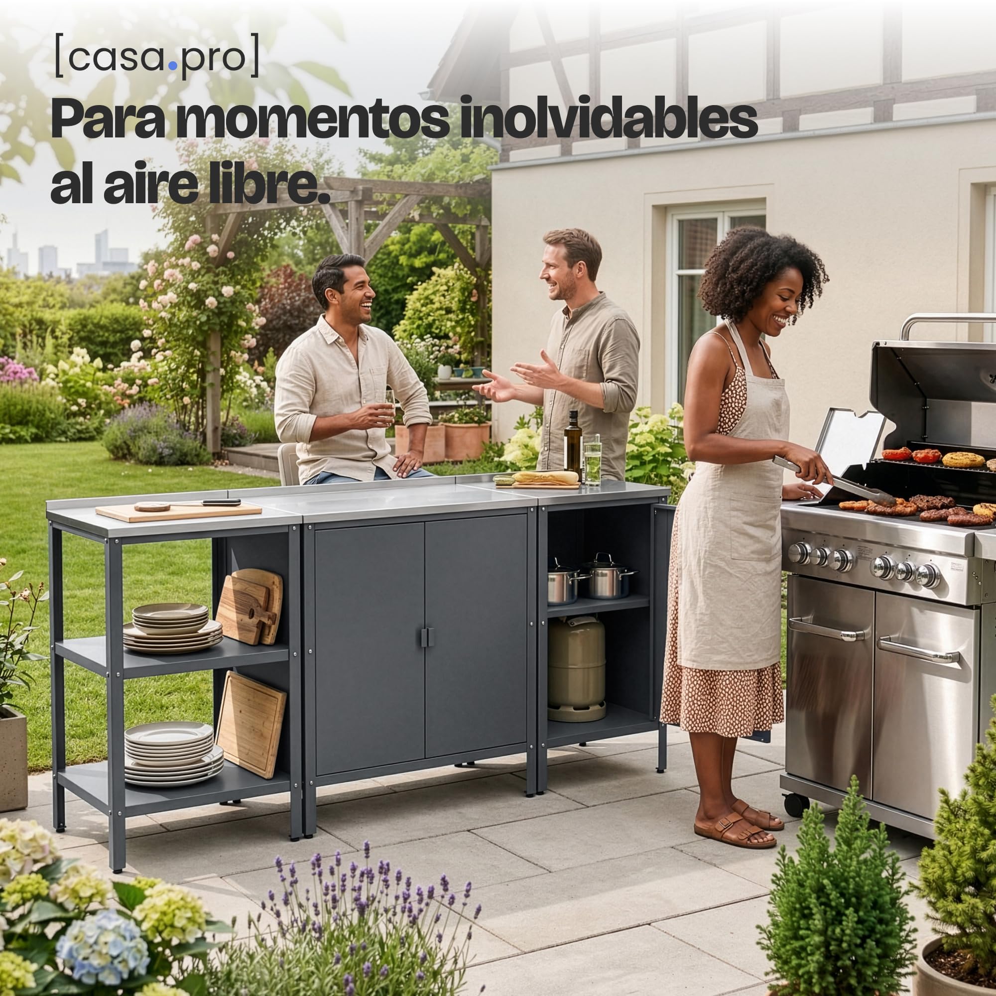 casa.pro Armario Exterior Bolognano con Patas Nivelables 1 Estante Interior para Terraza Jardín Uso Interior y Exterior Almacenaje en el Jardín 92 x 80 x 50 cm Acero - Gris Oscuro/Plateado