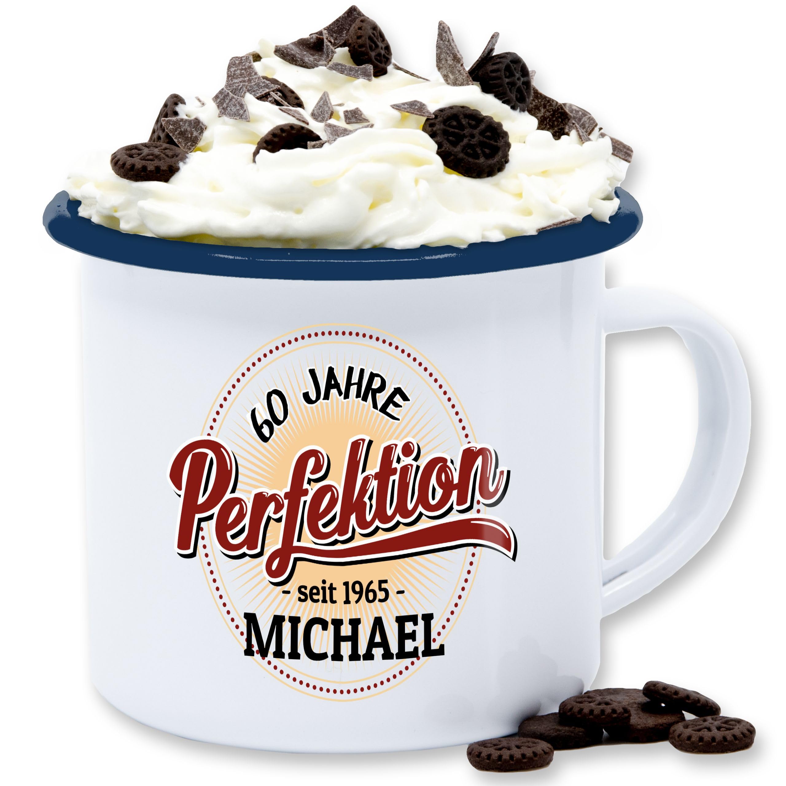 Emaille Tasse „60 Jahre Perfektion“ – 300 Ml, Robust, In Weiß-Blau