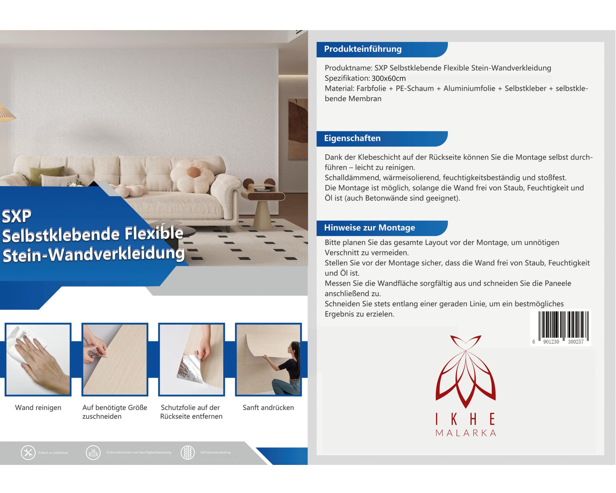 I K H E Malarka 1,8 m² SXP Selbstklebende 3D Wandverkleidung Rolle 60x300 cm – Flexible Wandpaneel in Beton Steinoptik – Wasserfest & Wärmedämmend, Tapete für Wand & Decke ((Weißer Putz WB-4001))