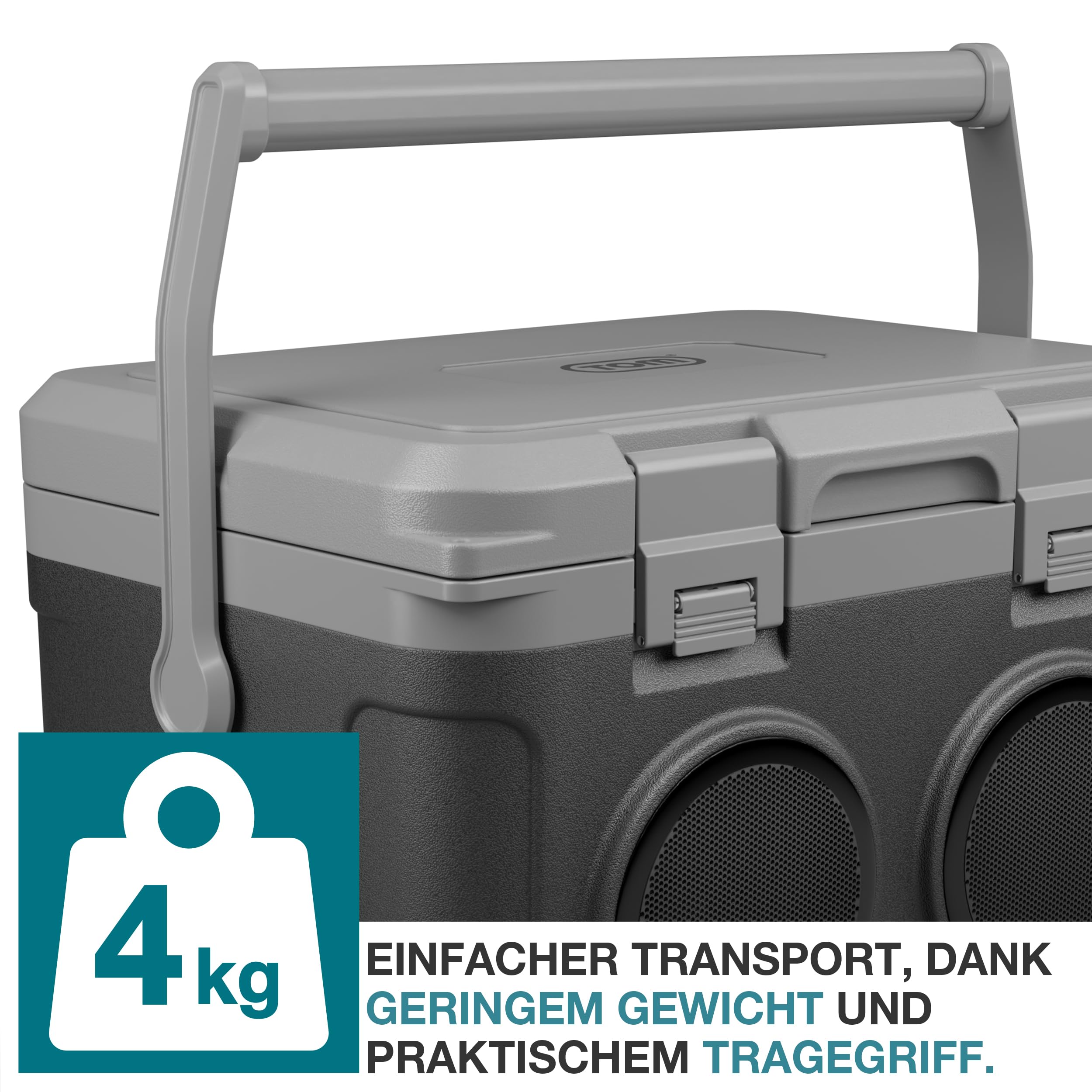 TOM 3in1 Musik Kühlbox 21l zum Kühlen, Warmhalten und Musik hören – mit Bluetooth Lautsprecher – Kühlen mit Kühlakkus – Mobile Kühlbox – für Auto, Camping, Wohnwagen & Co.