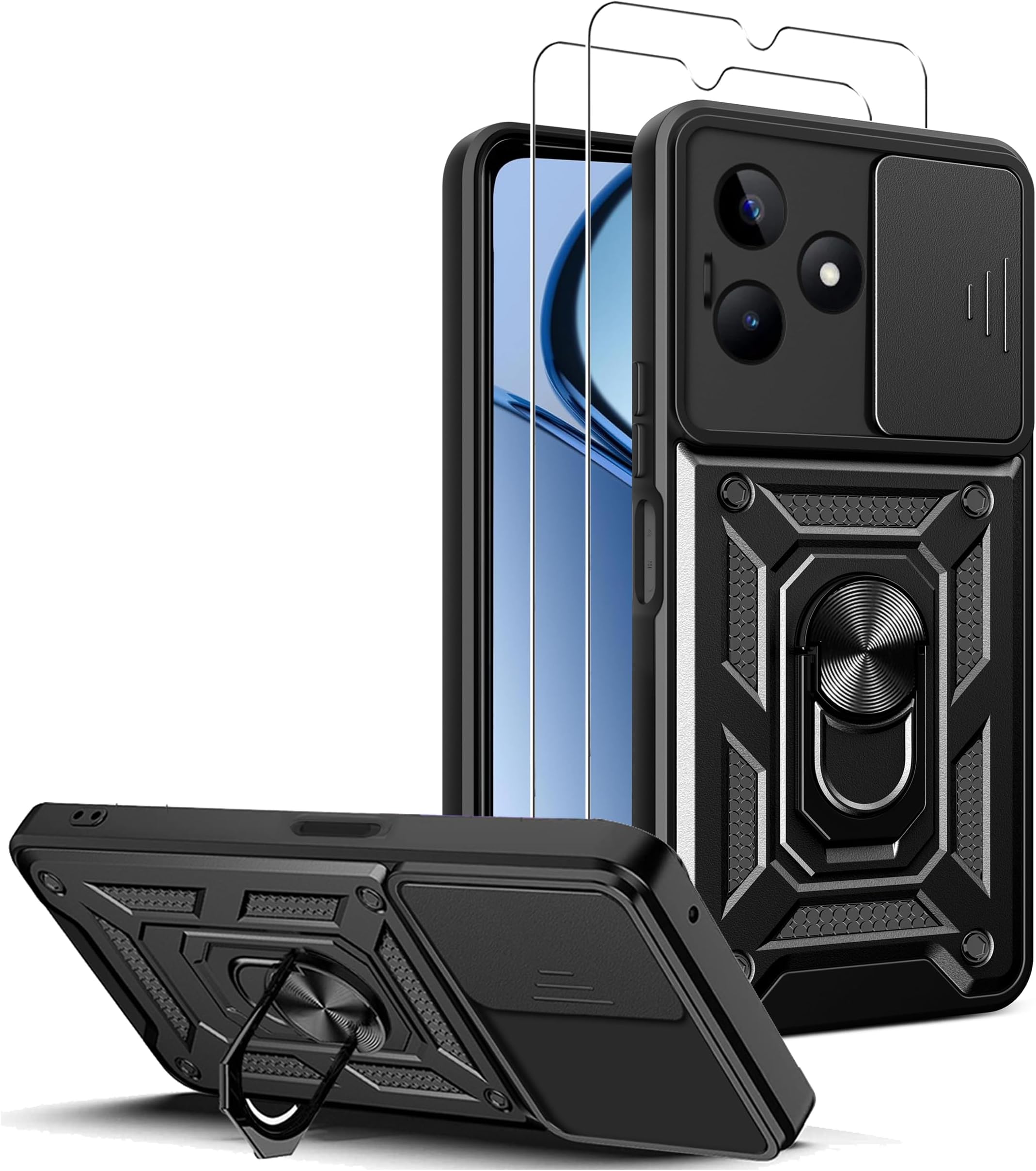 for Realme C61 / C63 4G Case Cover with Screen Protector [2 PACK] Built Slide Camera Protection Cover,Military Heavy Duty Protective Phone Case - Black