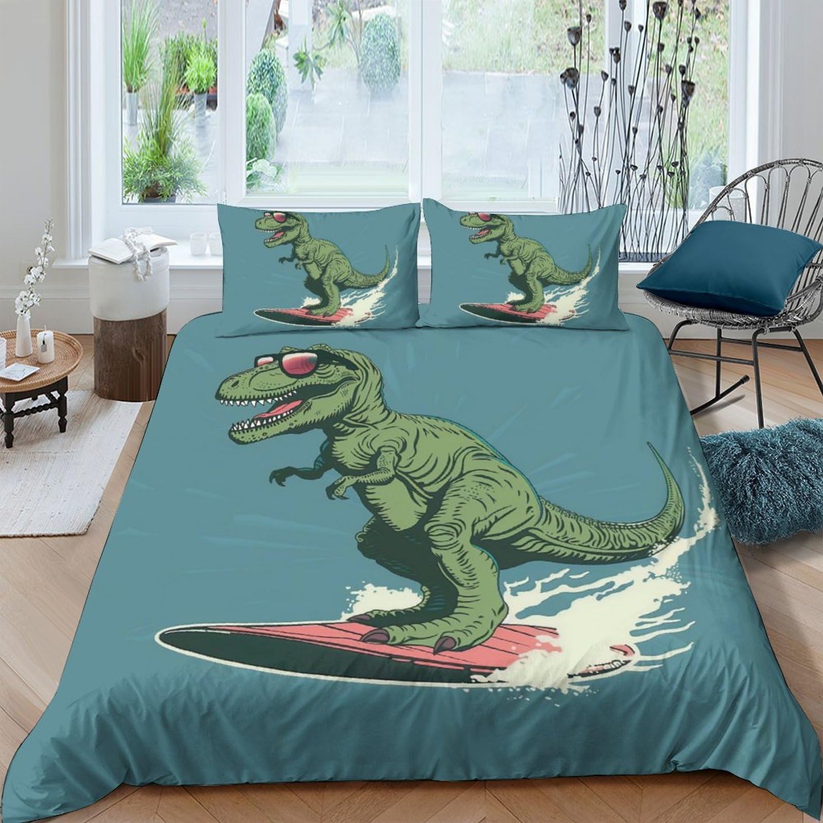 TUFRTGYHN 3D Printed Surfing Dinosaur Duvet Cover Set Microfiber Blue Soft Breathable Bedding with 2 Pillowcases for Bedroom Home Single（135x200cm）