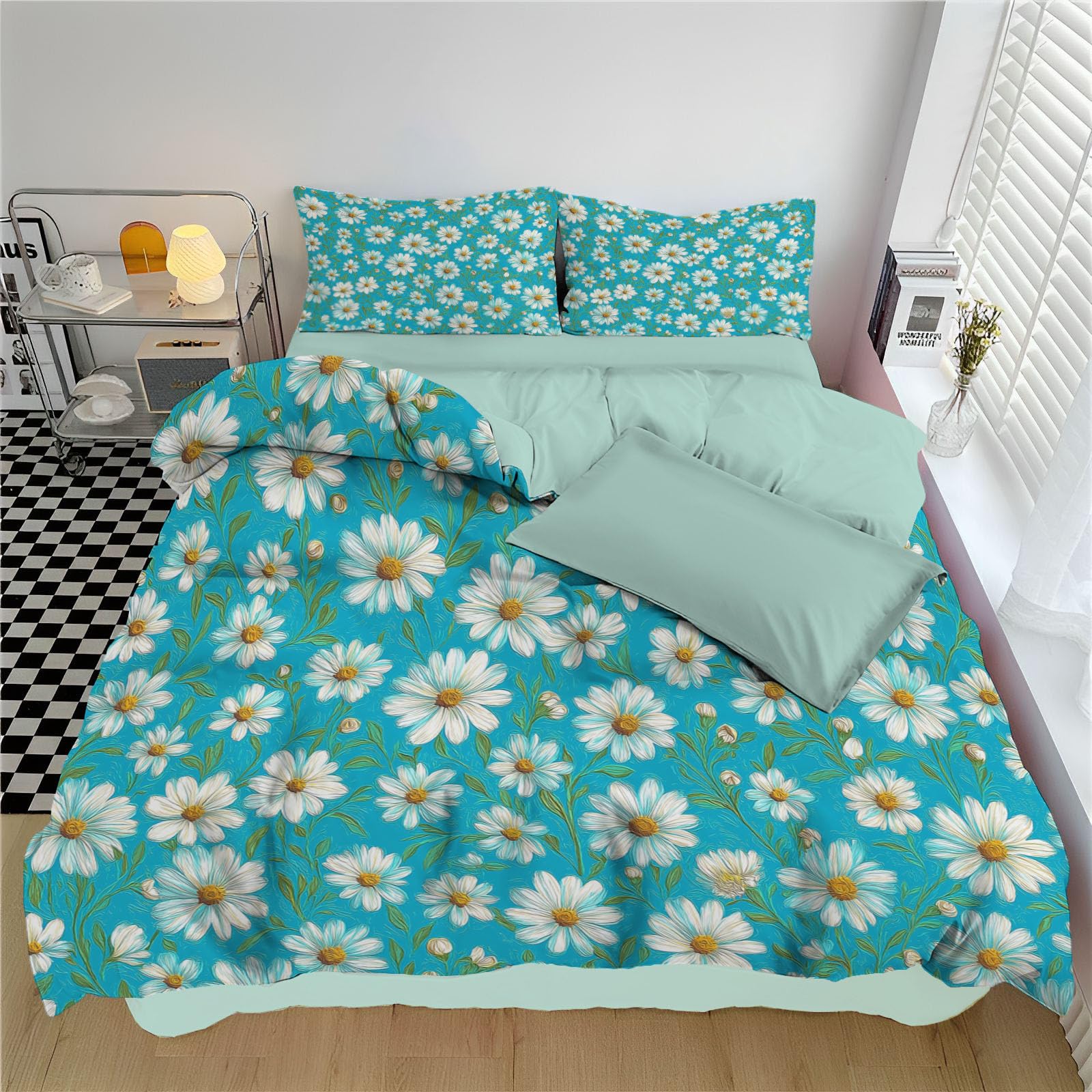 Parure de Lit Fleurs Turquoise 240x260 Housse de Couette Chambre Enfant
