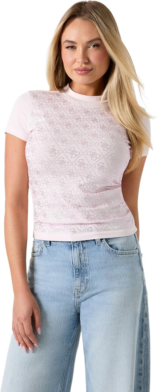 Guess Women's Short Sleeve Mock Neck All Over 4g Tee