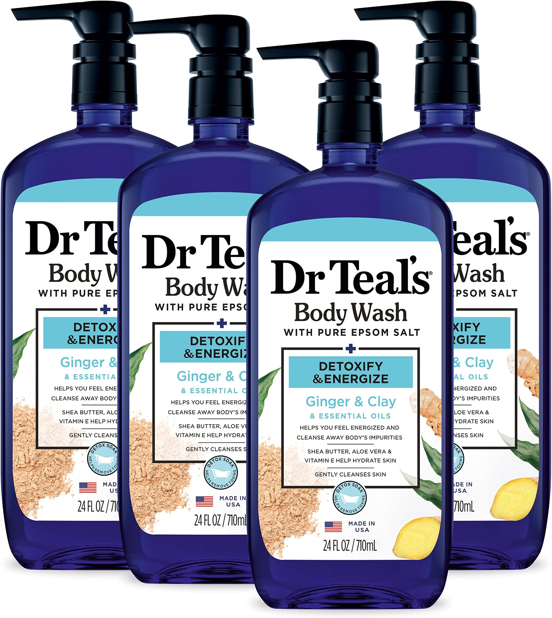 Dr Teal's Body Wash With Pure Epsom Salt, Detoxify & Energize With Ginger & Clay, 24 fl oz (Pack of 4)