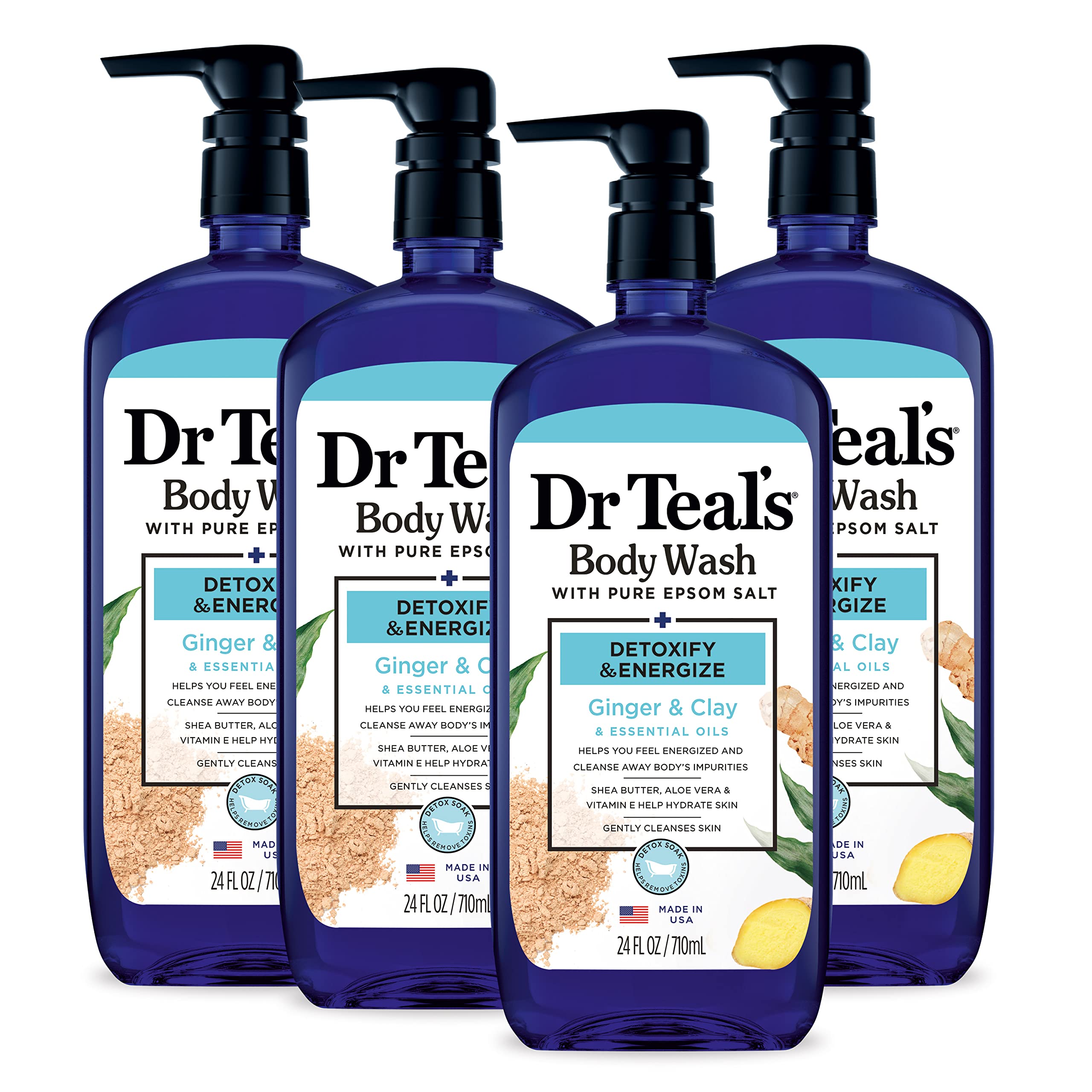 Dr Teal'sBody Wash with Pure Epsom Salt, Detoxify & Energize with Ginger & Clay, 24 fl oz (Pack of 4)