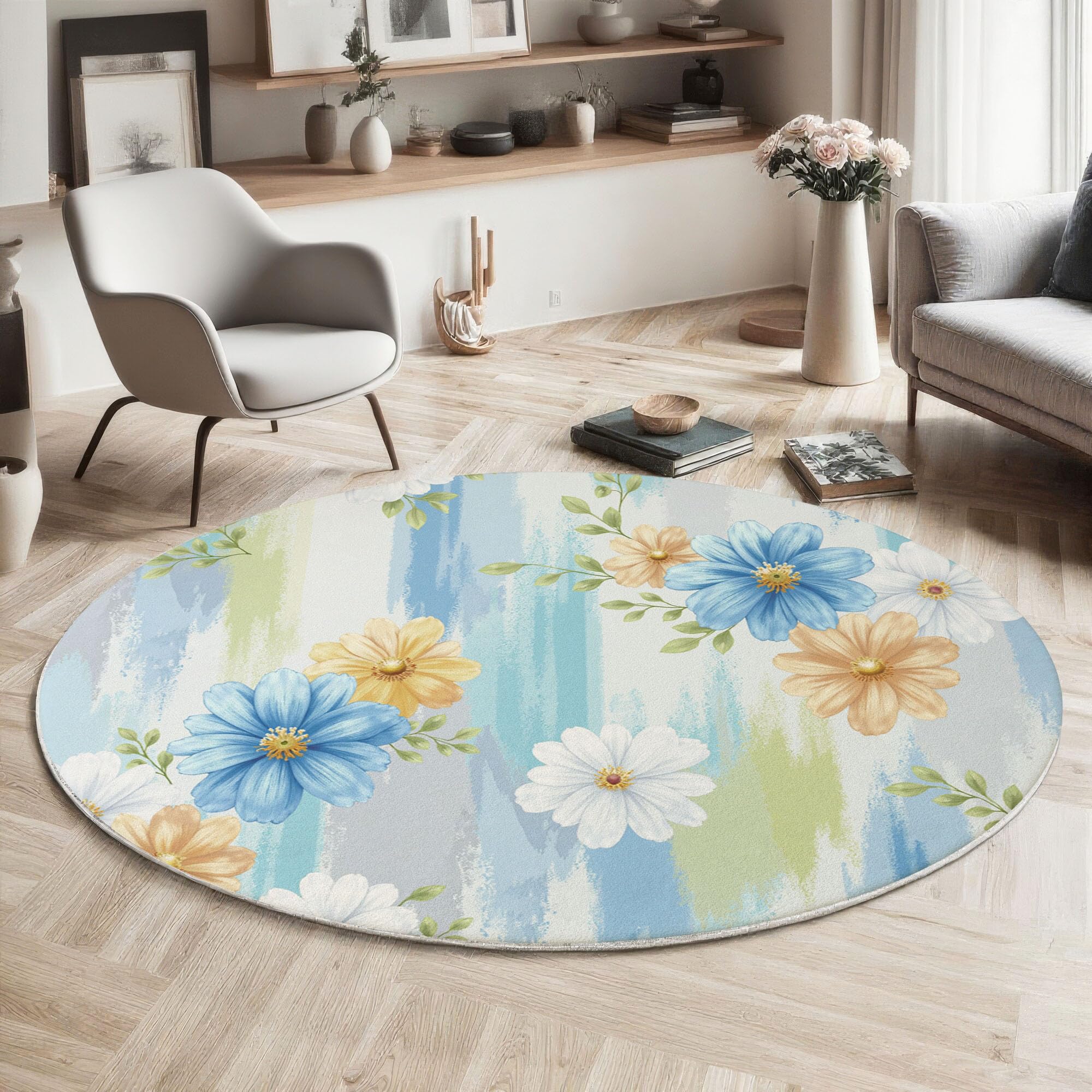 Tapis rond 100cm poil court bleu anti-glisse pour sécuriser le salon