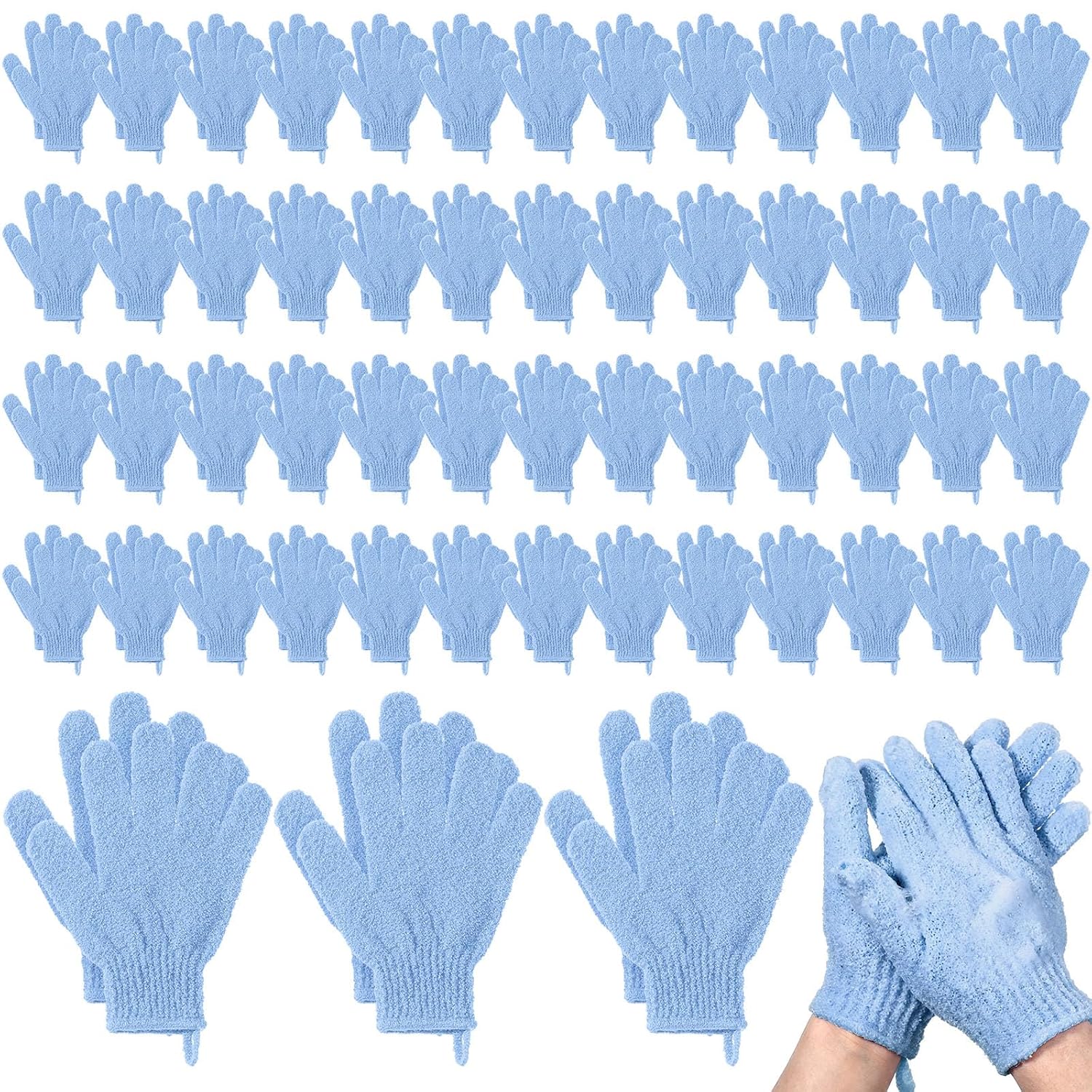 Didaey 104 Pcs Exfoliating Glove Bulk Shower Gloves with Hanging Loop Exfoliating Body Scrubber Dead Skin Remover for Body Bath Beauty Spa Massage Scrubs Men Women Bathing (Light Blue)