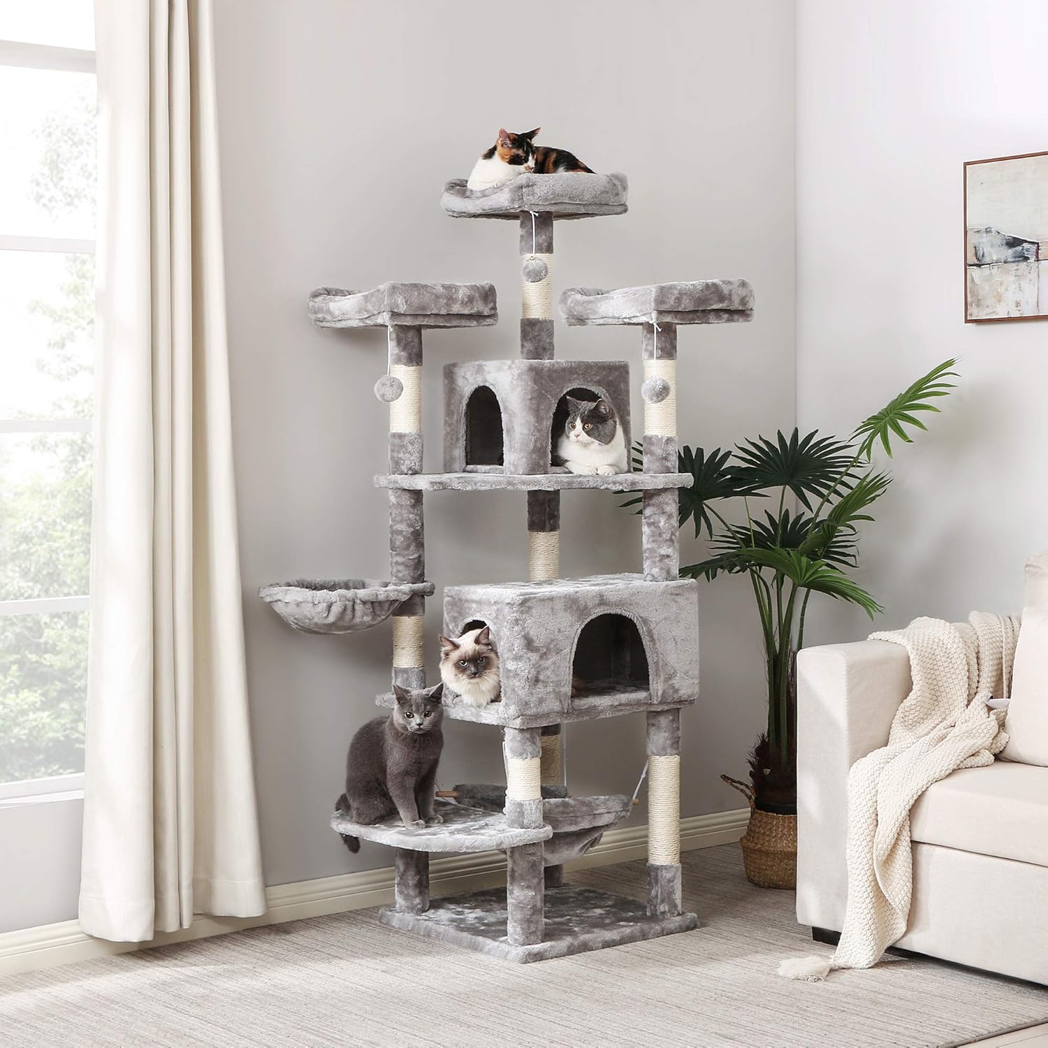review BEWISHOME Cat Tree for Indoor Cats 66.3 Inch Multi-Level Large Cat Tower with Plush Top Perches, Sisal Scratching Post Cat Play House Kitty Activity Center MMJ14L