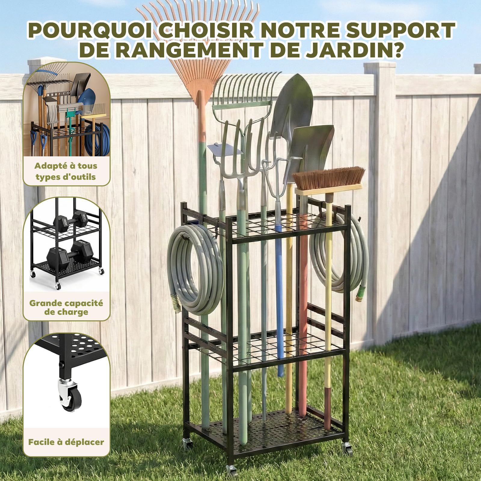 Chariot de Rangement 3 Niveaux avec Roulettes – Étagère Mobile pour Outils, Jardin, Cuisine & Garage, en Métal, Noir