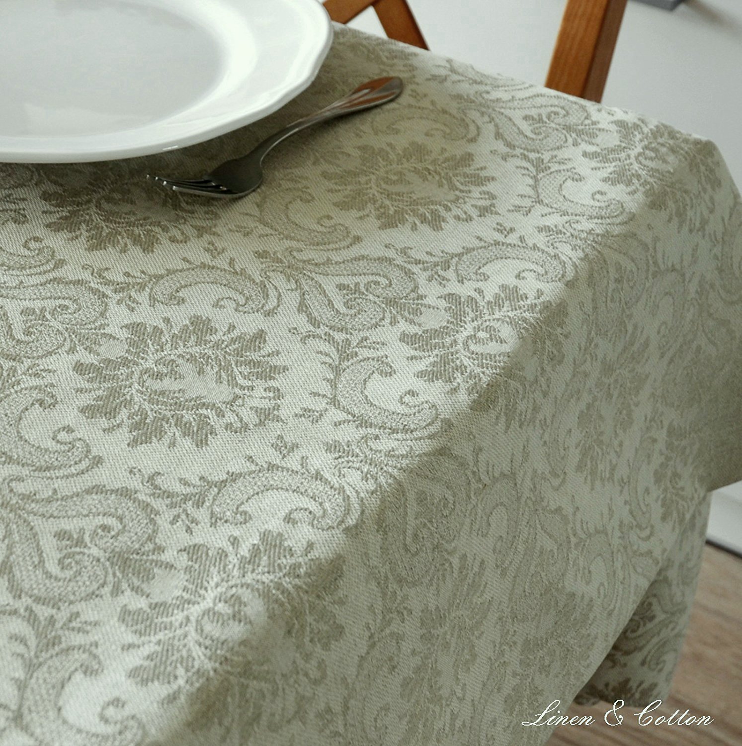 Linen & Cotton Jacquard Damasco Mantel de Tela Waverly - 52% Lino, 48% Algodón, Beige Natural (147 x 350 cm) Grande Large para el Hogar Cocina Gastronomía Boda Cumpleaños Comunion Celebración