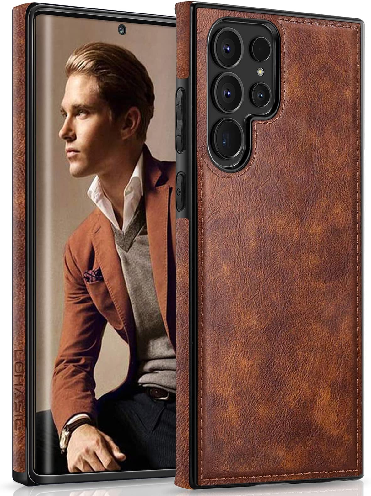 for Galaxy S23 Ultra Case, Premium Leather Luxury Business PU Non-Slip Grip Shockproof Bumper Full Body Protective Cover Phone Cases for Samsung Galaxy S23 Ultra 5G 6.8 inch - Brown