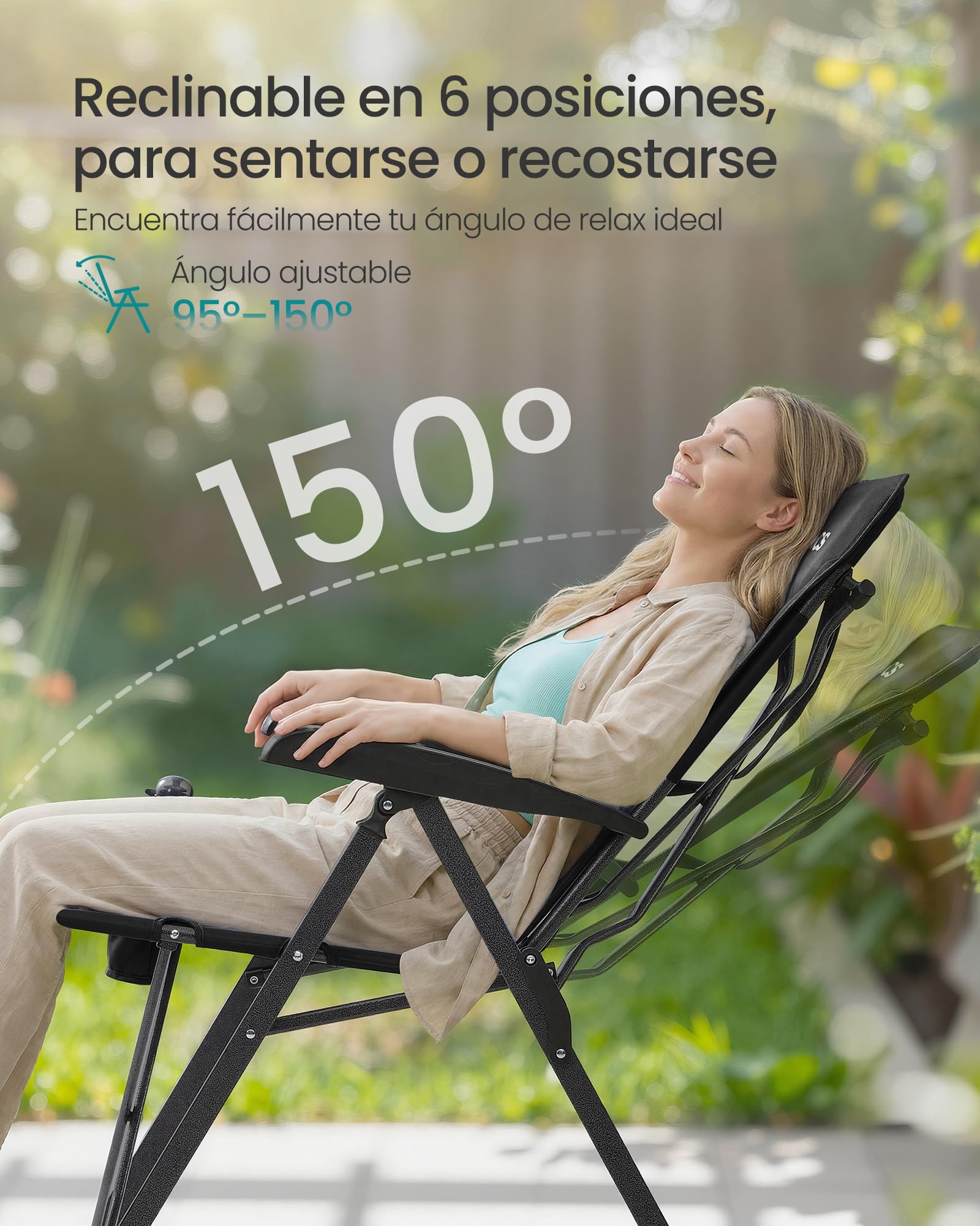 SONGMICS Silla de Camping para Adultos, Reclinable 95°-150°, Plegable, Respaldo Alto Ajustable, con Portavasos y Bolsa con Correa para el Hombro, Jardín, Pícnic, Pesca, Negro GCB015BZ01