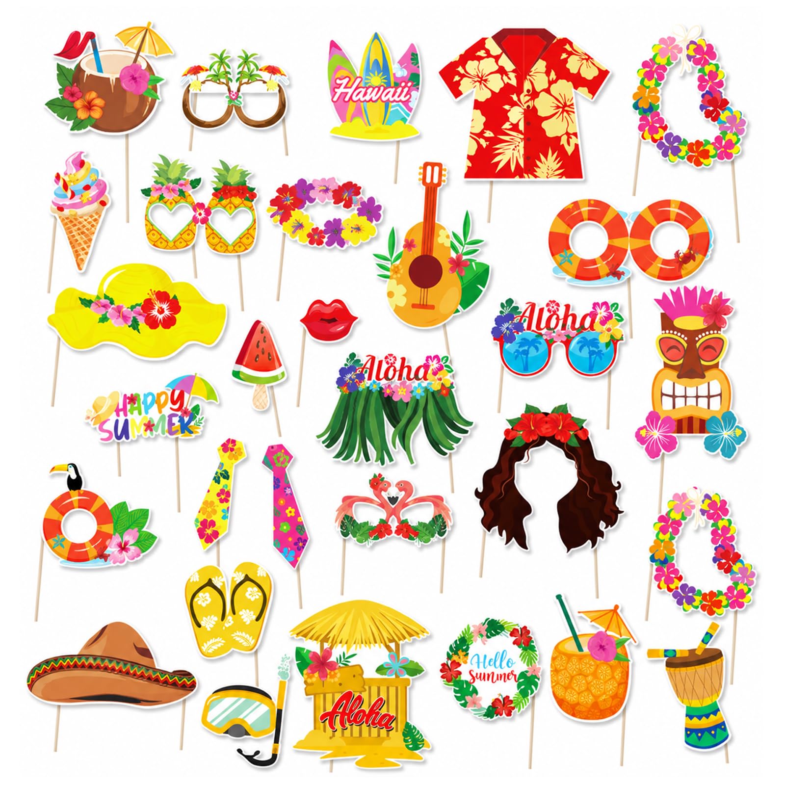 Hawaiian Party Decorations, Complete Photo Booth Props Set, Vibrant Beach and Pool Party Accessories, 30-Piece Tropical Themed Decoration Kit