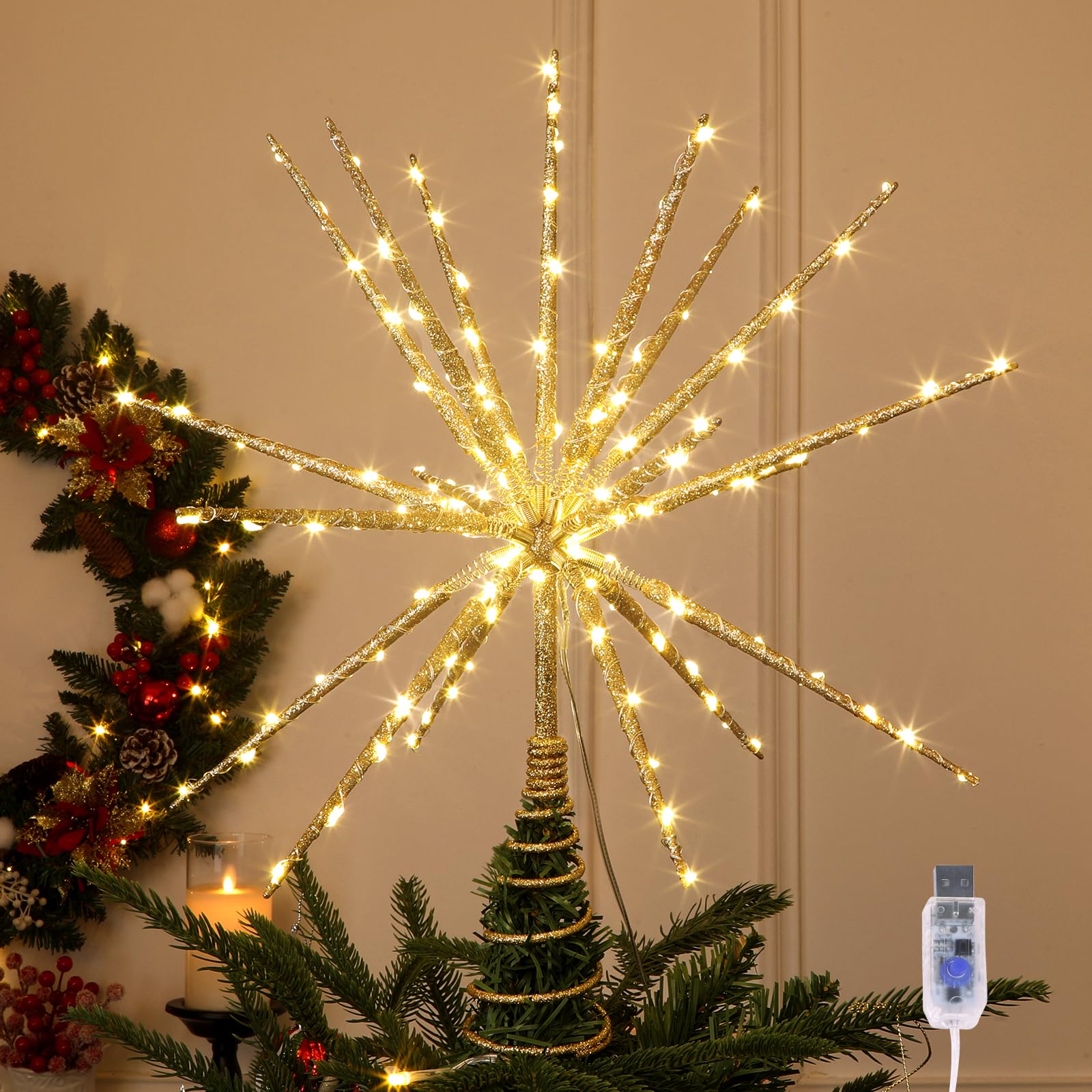 HMASYO Étoile scintillante de 38,1 cm, étoile dorée à 19 branches avec 150 LED, télécommande et minuterie, alimentation USB pour intérieur, maison, vacances, fête, décoration de sapin de Noël