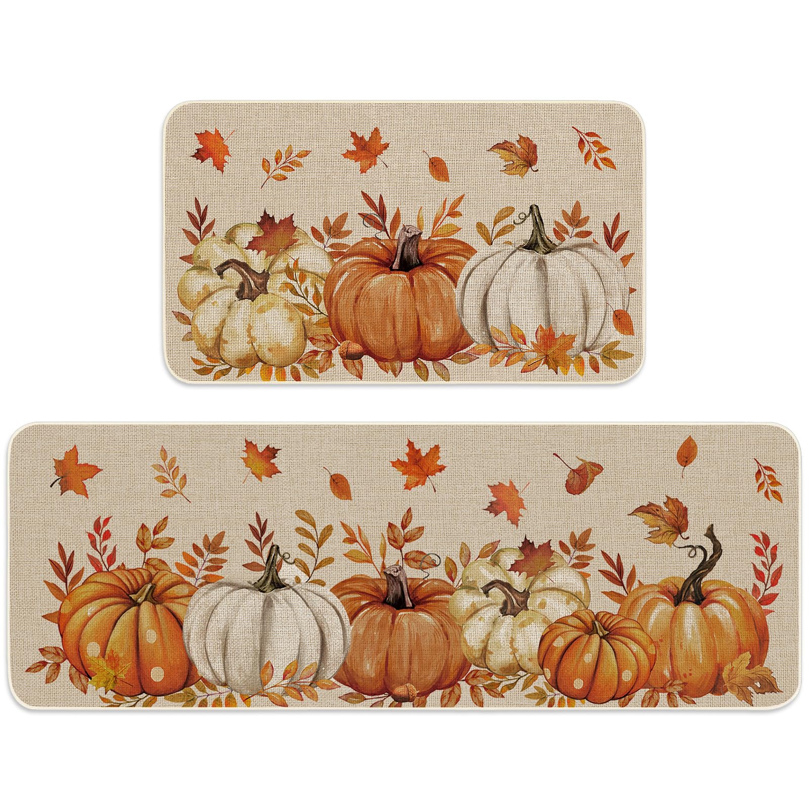 FYSUIMU 2Pcs Fall Kitchen Mat White Orange Pumpkin Maple Leaves Welcome Floor Mat Non-Slip Door Rug for Autumn Harvest Thanksgiving Indoor Outdoor
