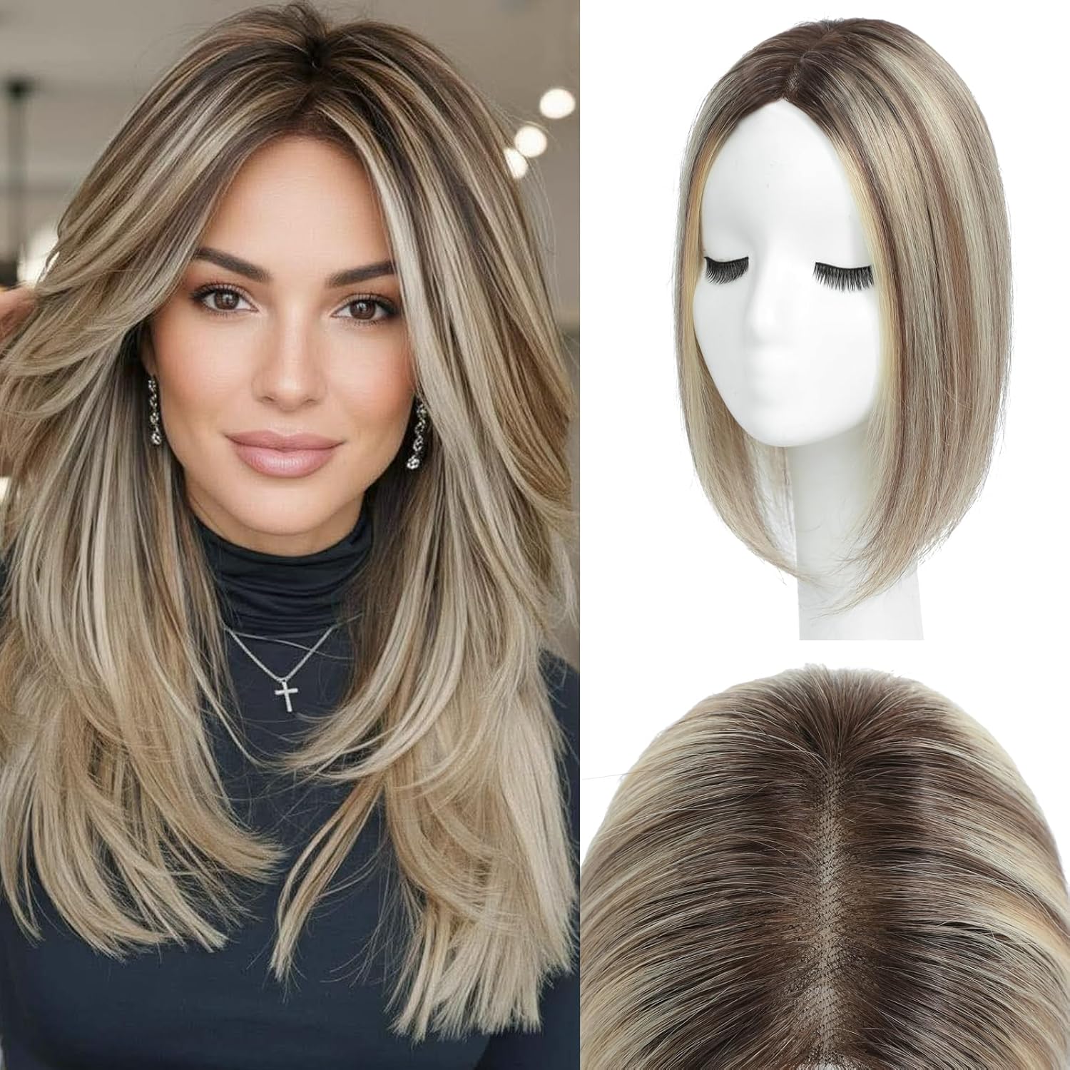 YAMI Hair Toppers for Women Real Human Hair 100% Real Human Hair Toppers for Women (Ombre Light Brown with Blond Highlight)