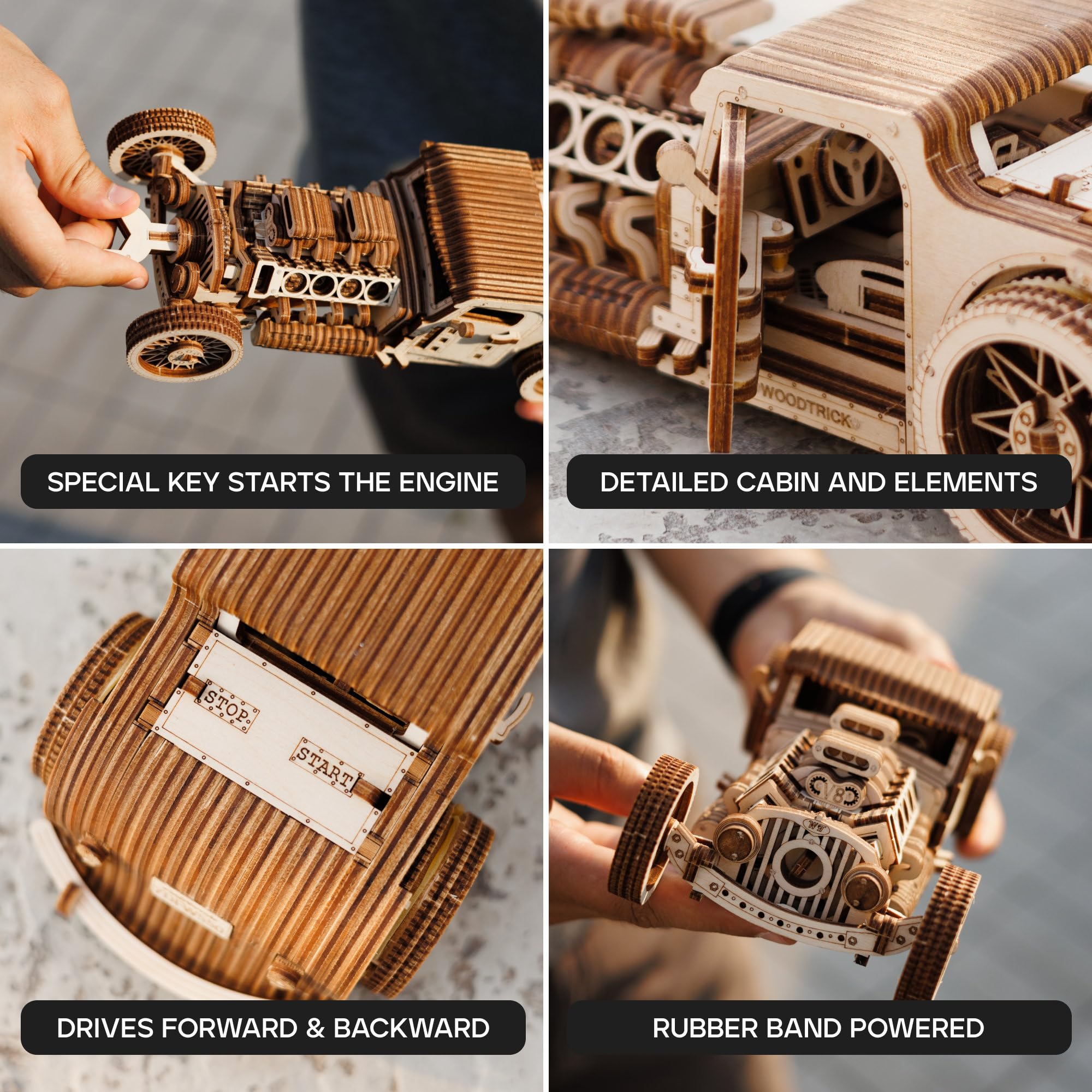 Wood Trick Hot Rod Car Puzzle 3D di Legno per Adulti da Costruire | [280 Pezzi] Rotola Fino a 9,8 m - Design Vintage Dettagliato - Kit di Montaggio Meccanico in Legno DIY per Adulti