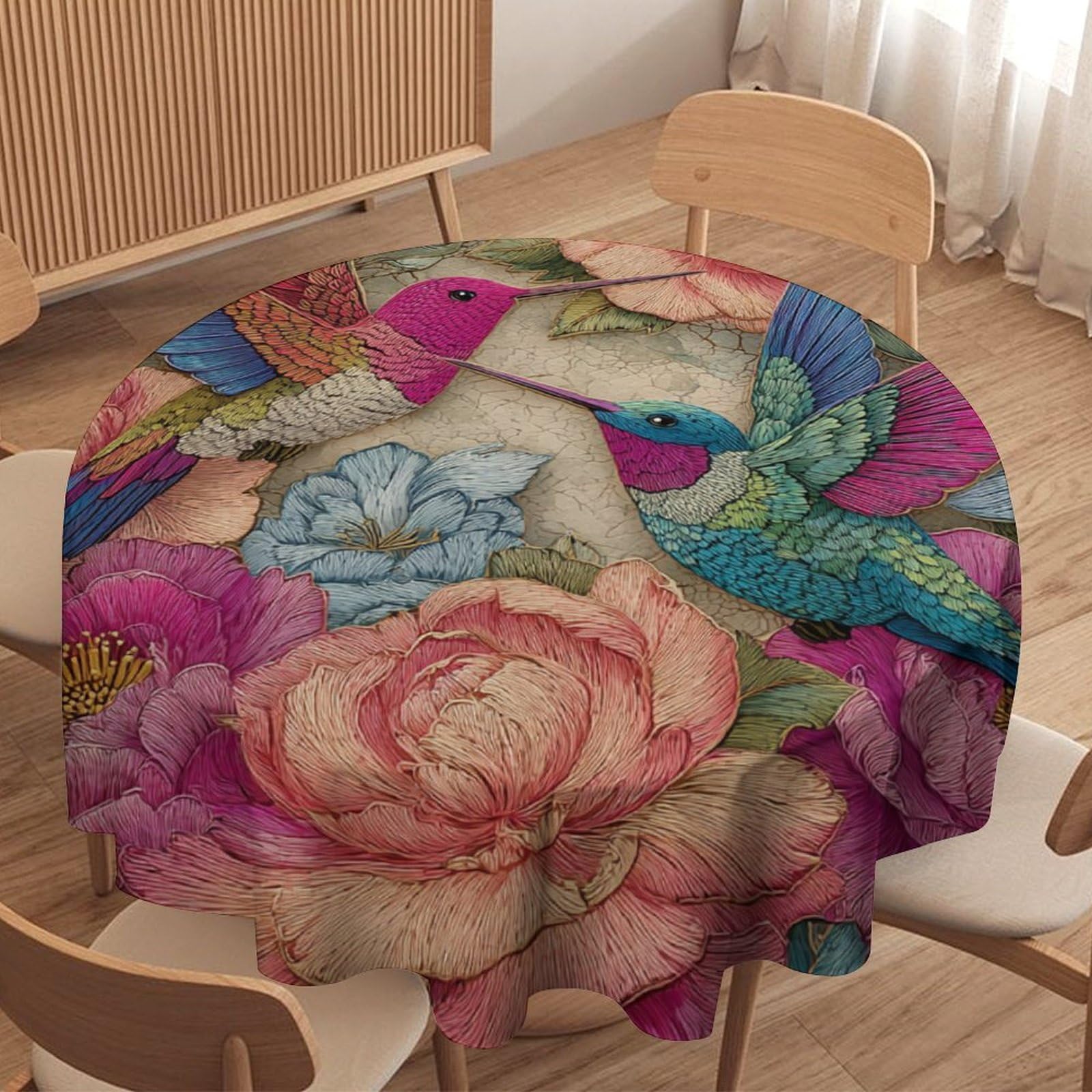 LUYYSKY Vintage Oil Painting Hummingbirds Waterproof Round Tablecloth Retro Spring Garden Botanical Flowers Birds Hummingbirds Washable Table Cover for Kitchen-127 Wx127 L cm