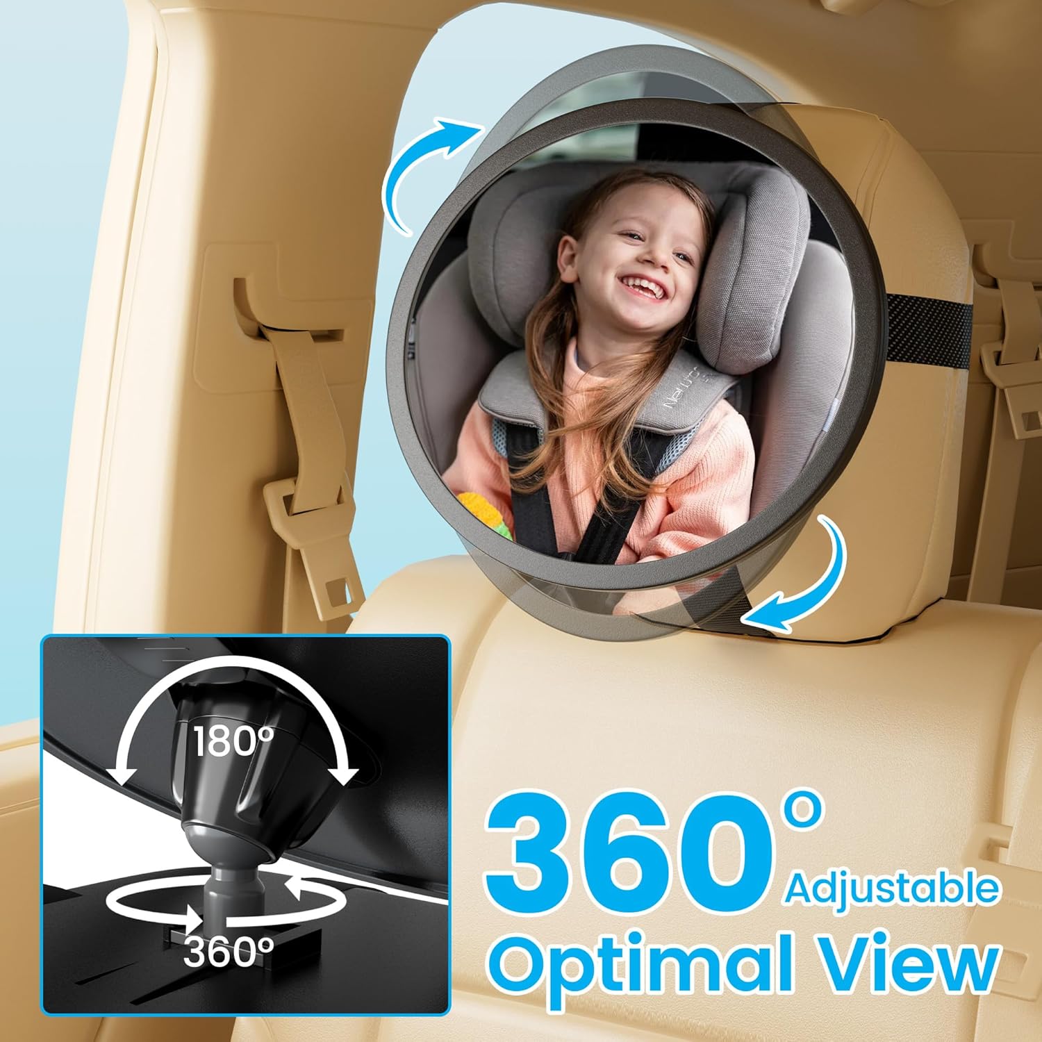 baby car mirror for rear facing carseat– 360° adjustable, shatterproof, wide angle view, easy installation, fits car, suv & truck, lightweight safe design