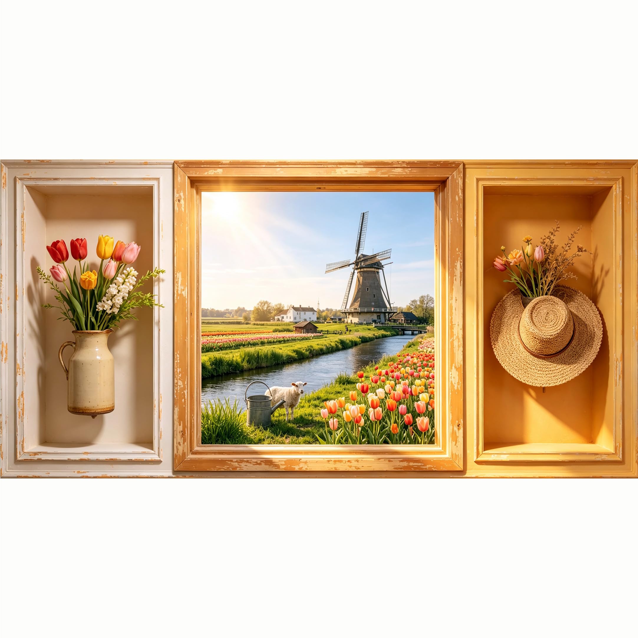 QZLITHOTIC 50x100cm 3D Framed Wall Art， Dutch Windmill Tulip Farmhouse Self‑Adhesive Mural， Water‑Activated Peel & Stick Fabric Decor Wall Decal for Bedroom Living Room