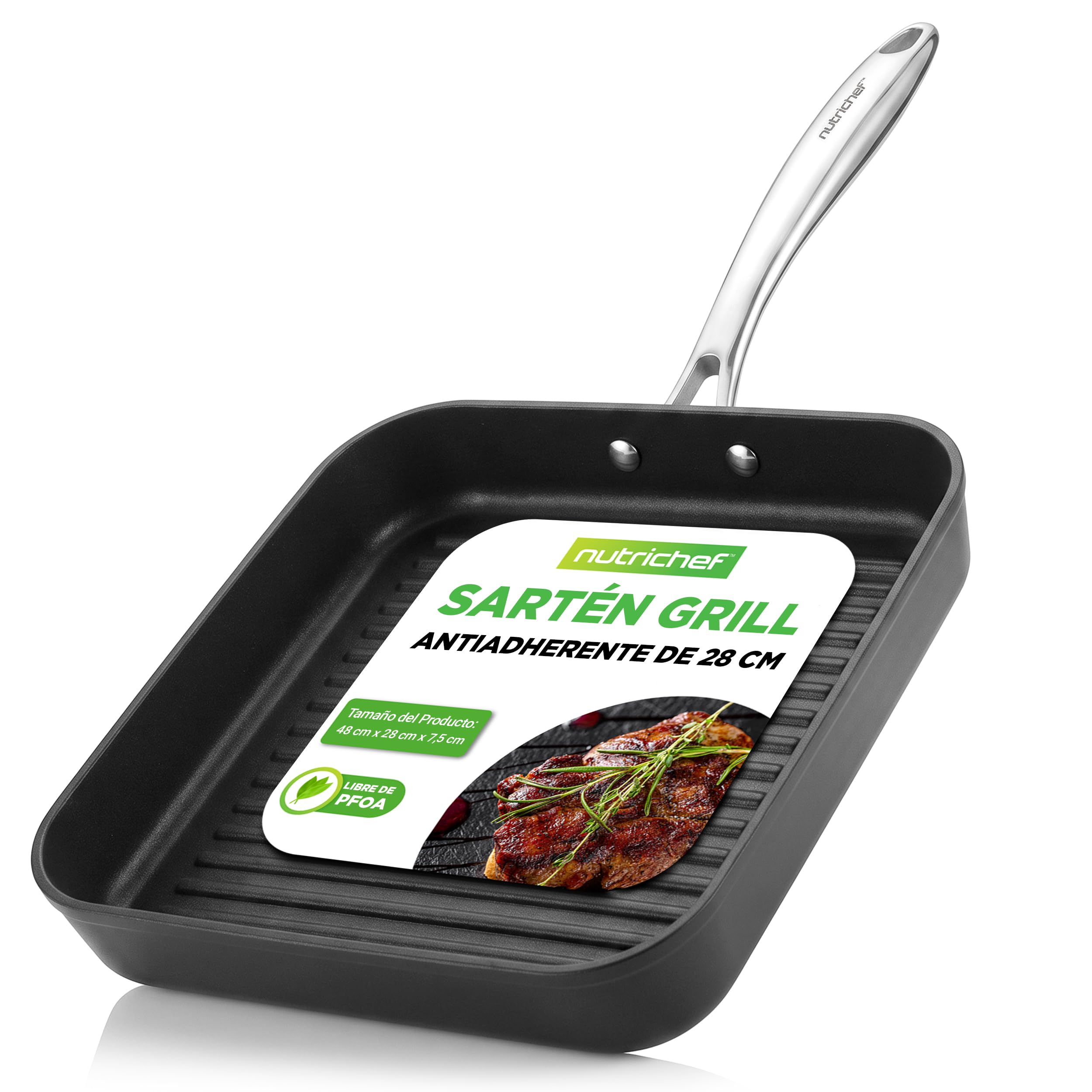 Nutrichef sarten parrilla, Grill, 11”, Cuadrada, Anodizada, Asador, Plancha cocina, Antiadherente, Asas reforzadas, Apto para lavavajillas