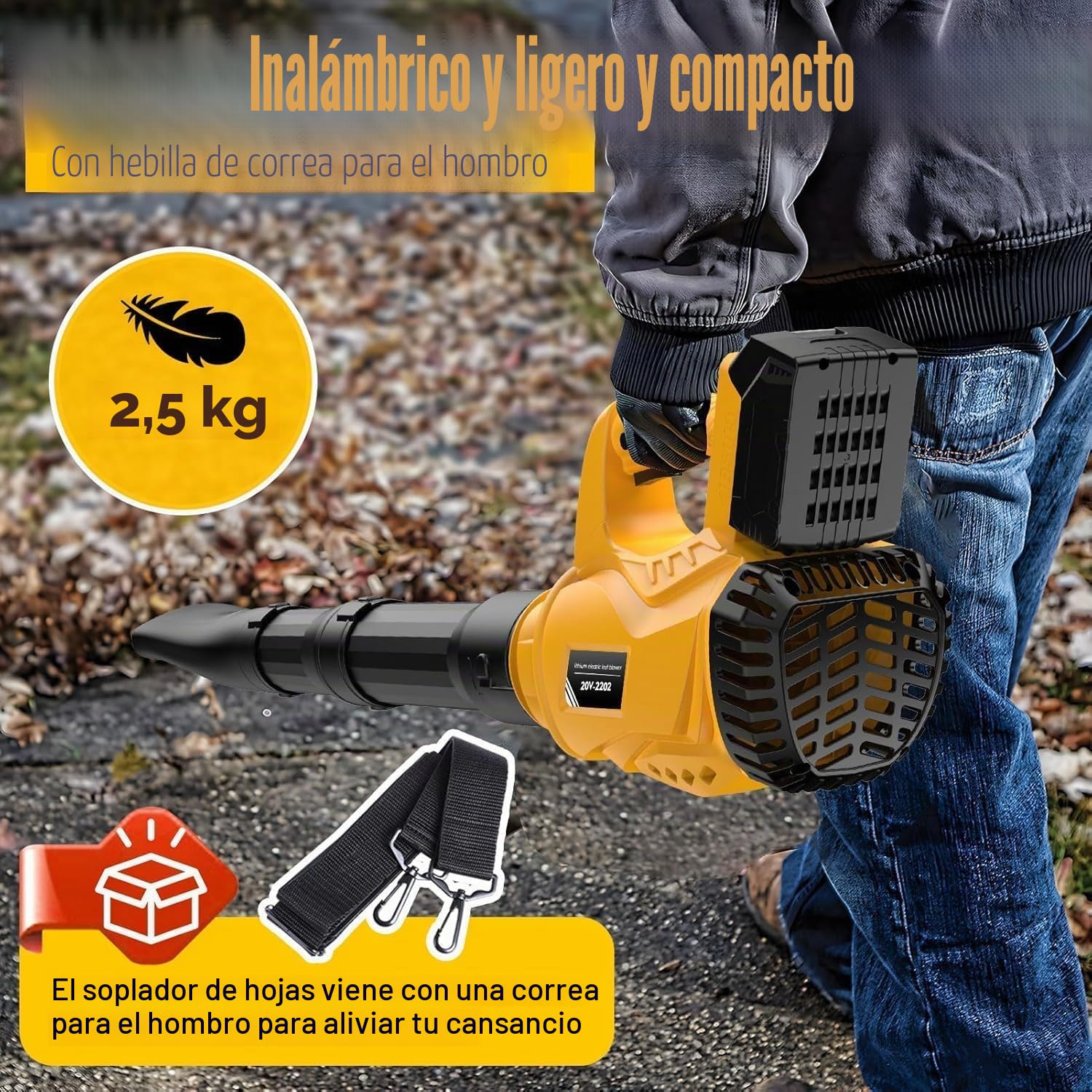 Soplador de Hojas Eléctrico Compatible con Dewalt 20 V, Batería de 300 km/h, 6 Velocidades Soplador de Aire Potente, Extraíble, Utilizado para Limpiar Hojas De Jardín, Nieve, Polvo (Amarillo)