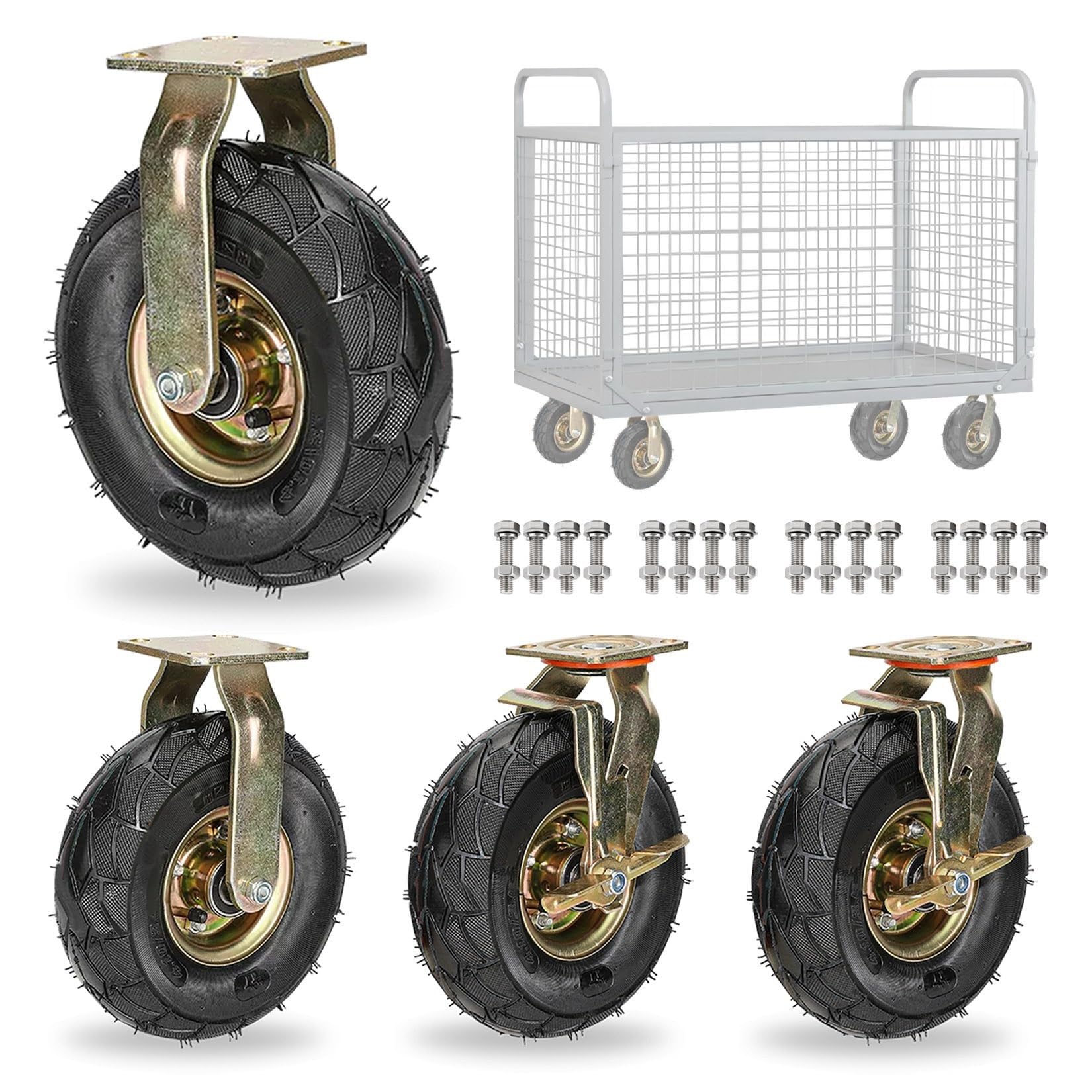 ZGUOUZANTYE 8/10in Heavy Duty Industrial Fixed Caster With Brakes Silent Shock Absorption Air Filled Rubber Wheels For Carts Furniture Workbench 4pcs(Fixed+brake,250mm)