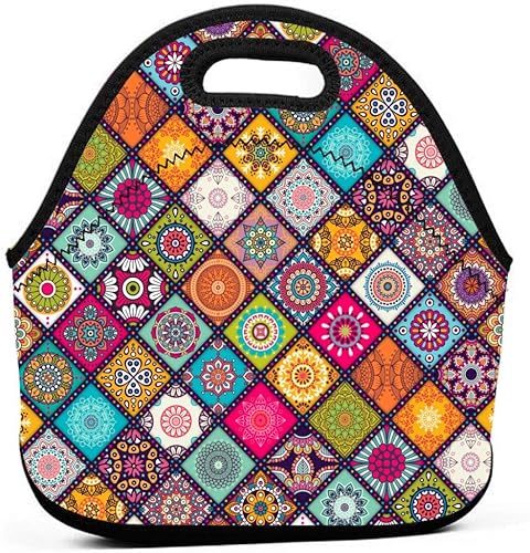 ULQUIEOR Bolsa de almuerzo de neopreno con diseño de mandala, reutilizable, aislada, con cremallera, lonchera de transporte para escuela, picnic,