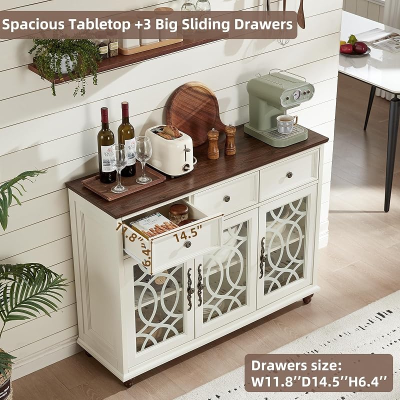 Joaxswe Farmhouse Sideboard Buffet Cabinet with Storage,48" Large Credenza with 3 Glass Doors & 3 Drawers,Adjustable Shelves Console Table,Wood Kitchen Coffee Bar for Dining Room,Living Room,White image 5