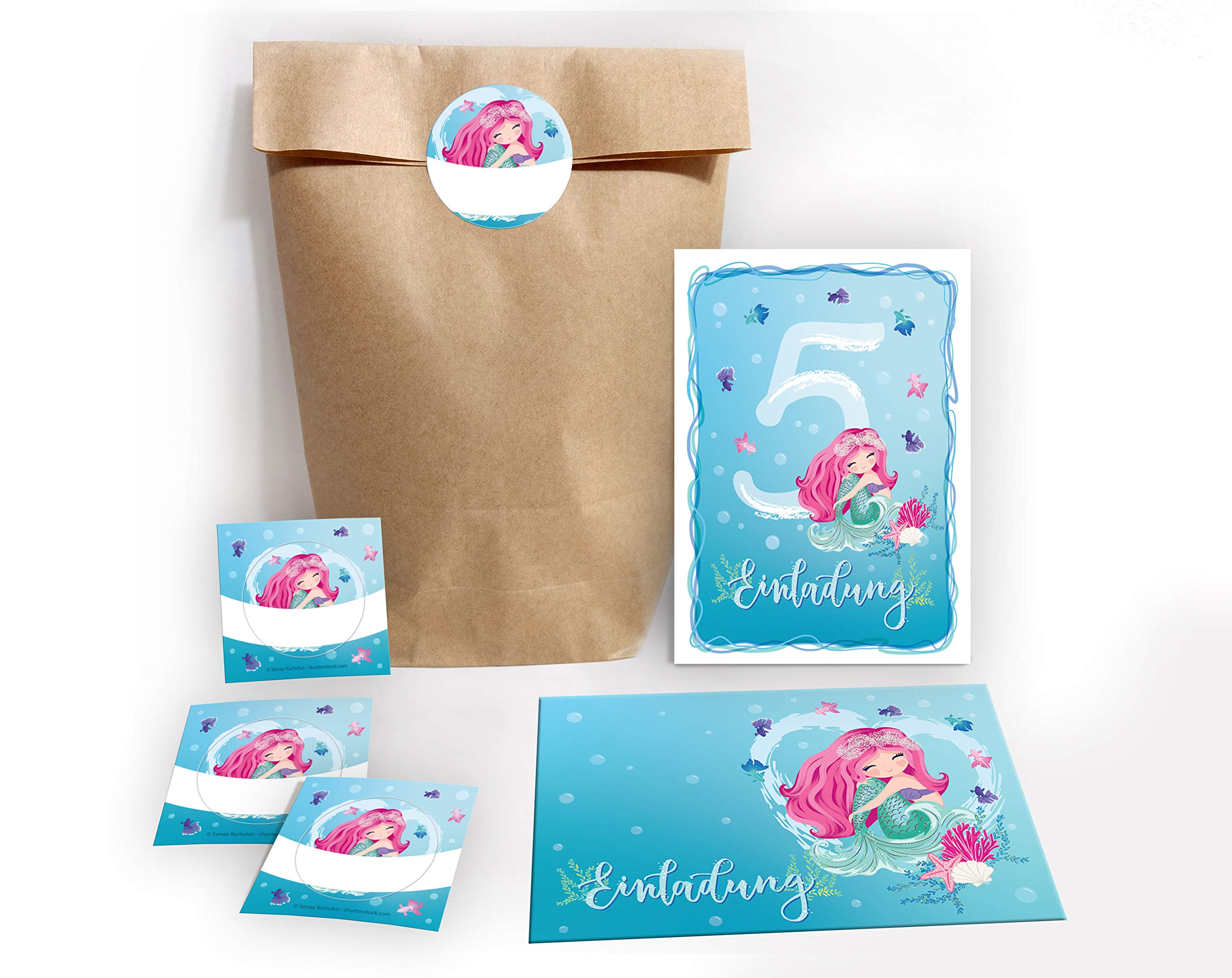 JuNa-Experten 12 Einladungskarten zum 5. Kindergeburtstag Meerjungfrau Einladungen fünfte Geburtstag Mädchen incl. 12 Umschläge, 12 Tüten/natur, 12 Aufkleber