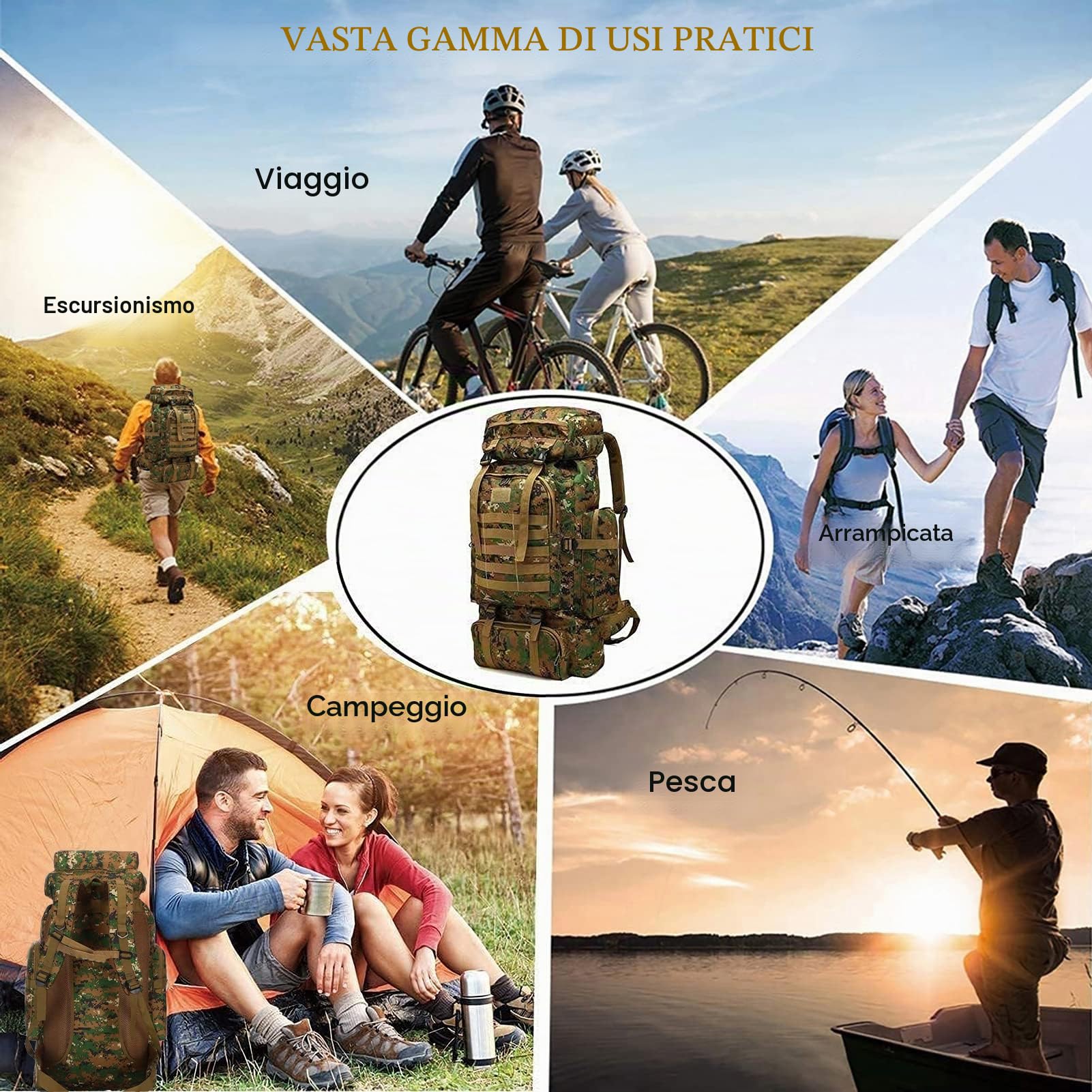 Zaino Trekking Grande 60 litri - 80L Zaino da Campeggio Tattico Militare Zaini da Escursionismo Impermeabile per Uomo Donna per Viaggio Outdoor, Montagna, Pesca, Caccia