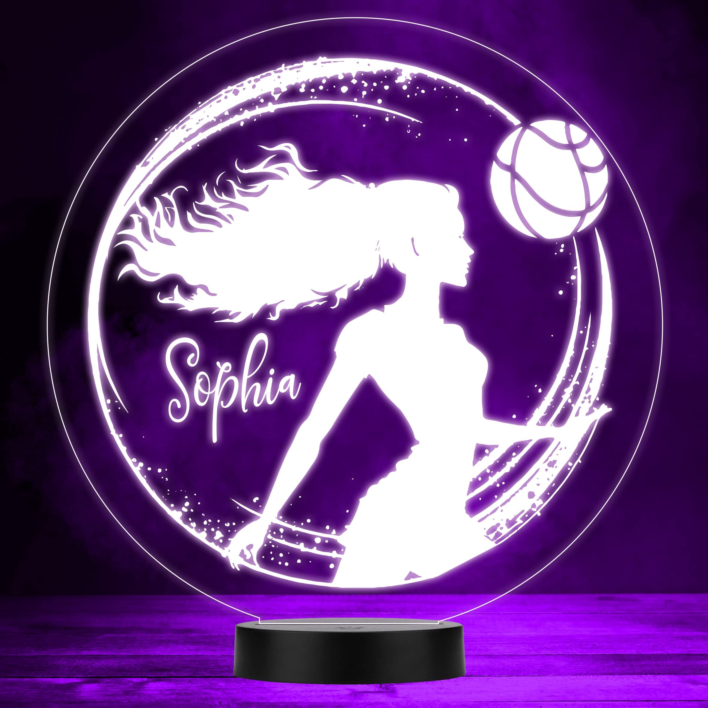 Fingerprint Designs Silhouette of Netball Player Long Hair Round Sports Fan LED Colour Night Light
