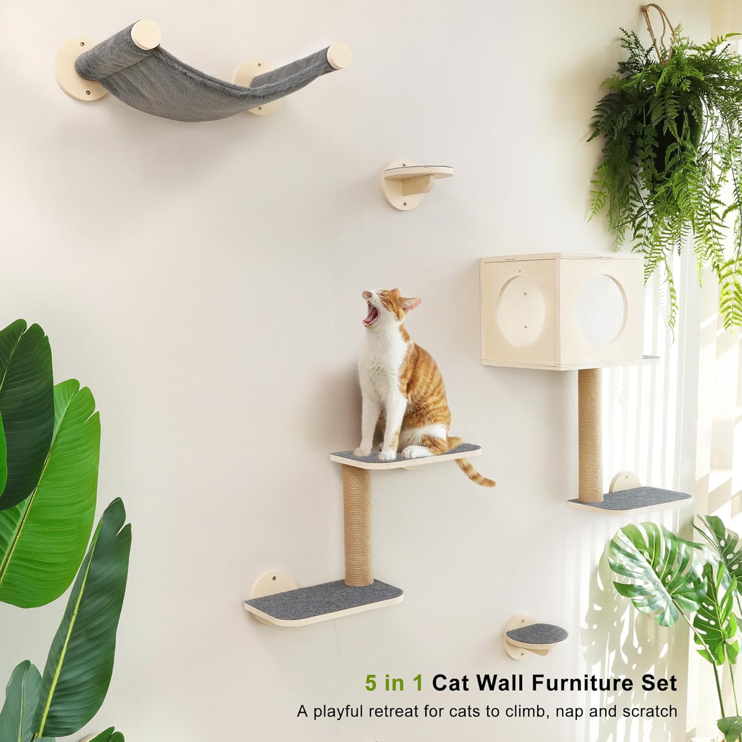 FUKUMARU Cat Wall Shelves, 5-Piece Stable Wooden Wall-Mounted Furniture Set, Kitty Climber with Hammock, House, Steps, Scratching Post (Gray)