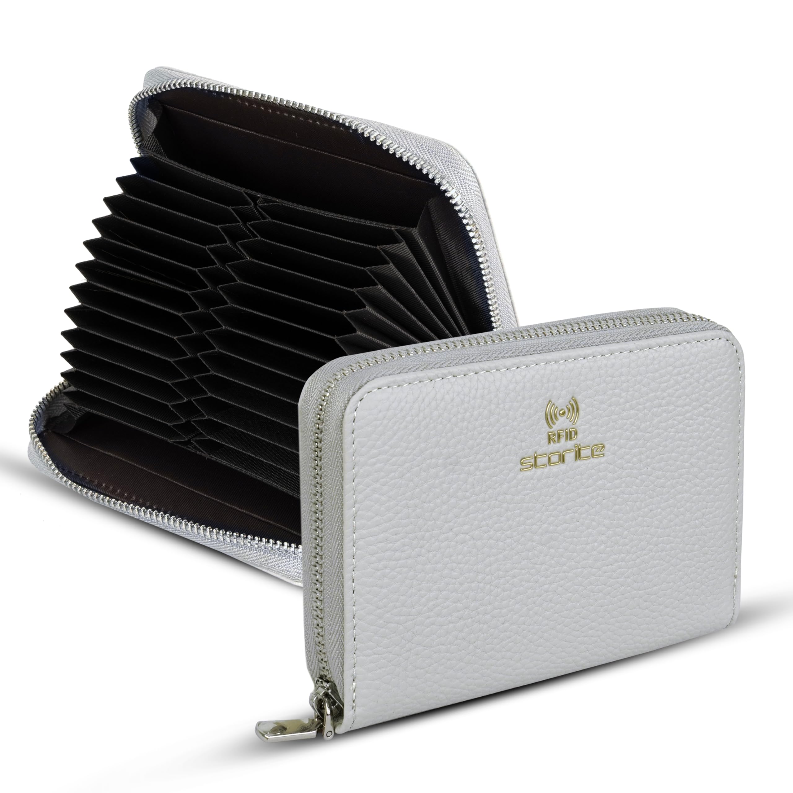 24 Slot RFID PU Leather Credit Debit Card Holder Wallet Money Zipper Coin Purse for Women (Grey-14 x 10 x 2.7 cm)