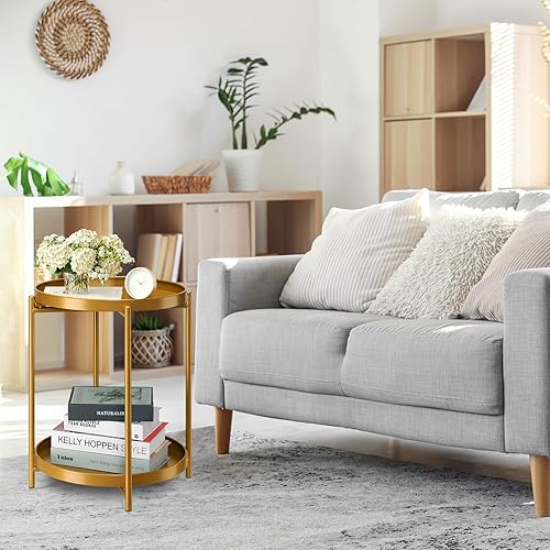 Miniatura 9 de danpinera Mesa auxiliar de 2 niveles, mesa auxiliar redonda de metal con bandeja extraíble, pequeña mesa de acento plegable, mesita de noche