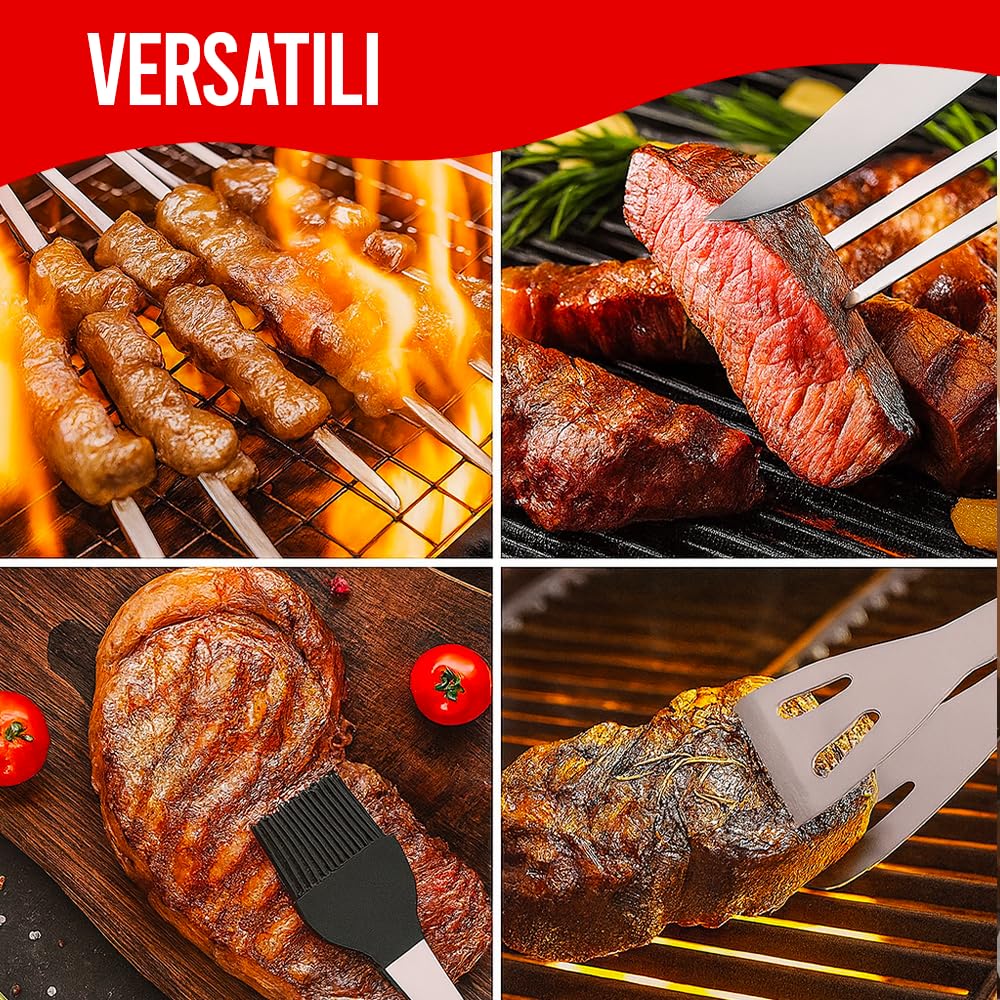 Set 9 Pezzi Utensili Barbecue Professionali in Acciaio Inox | Kit Accessori BBQ Completo, Con Custodia, Per Griglia, Camino, Forno, Grigliate da Giardino