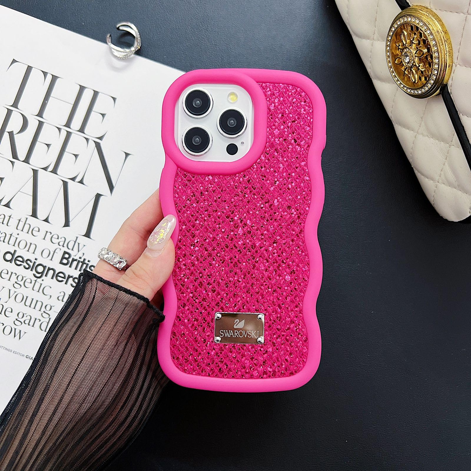 Case CreationCase Creation for iPhone 15 Pro Max Bling Glitter Diamond Sparkle Case,Crystalline Luxury Curly Wave Glittery Cute Soft Silicone Shiny Star Aesthetic Cover for Apple iPhone 15 Pro Max (Barbie Pink)
