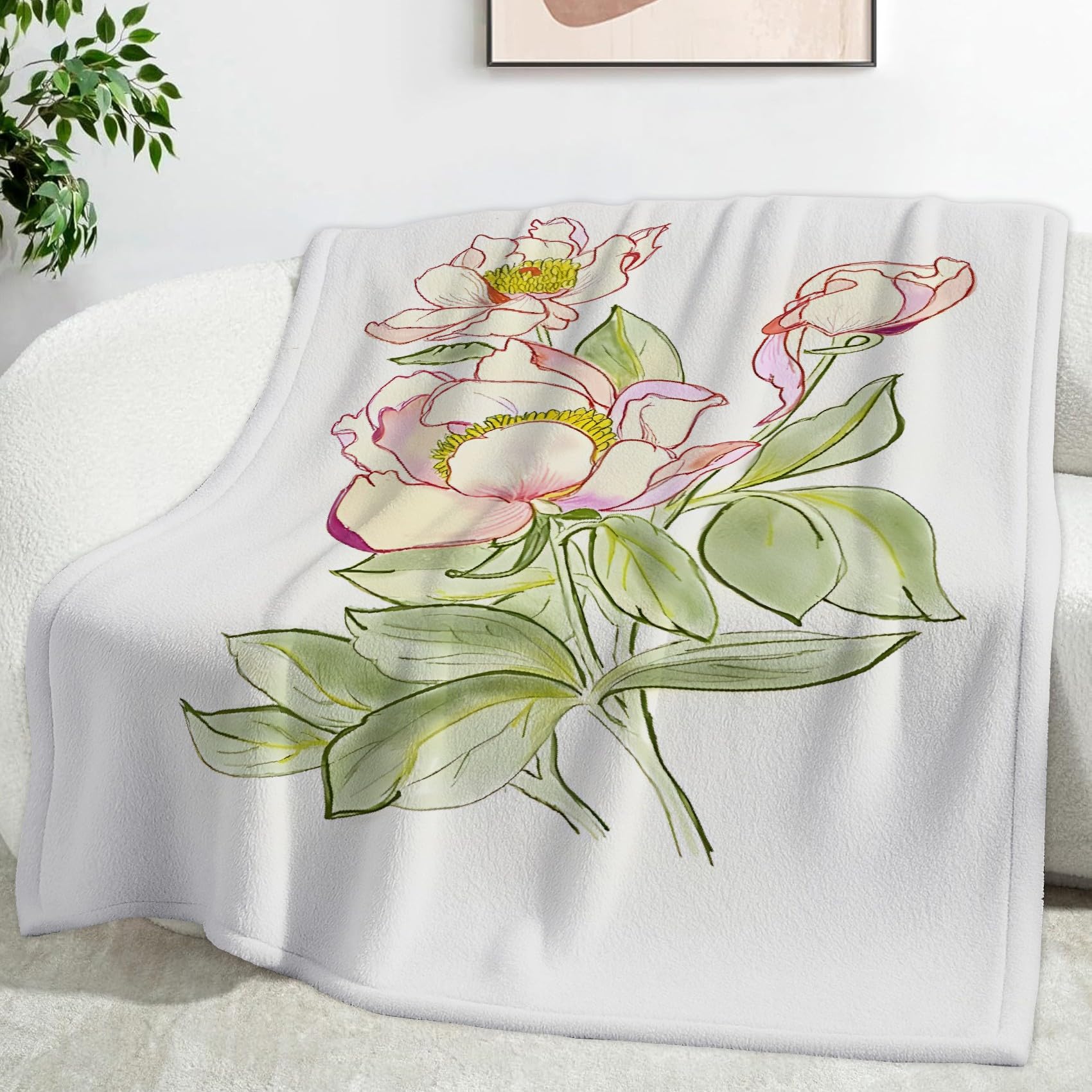 Couverture flanelle pivoine style aquarelle pour cocooning au salon