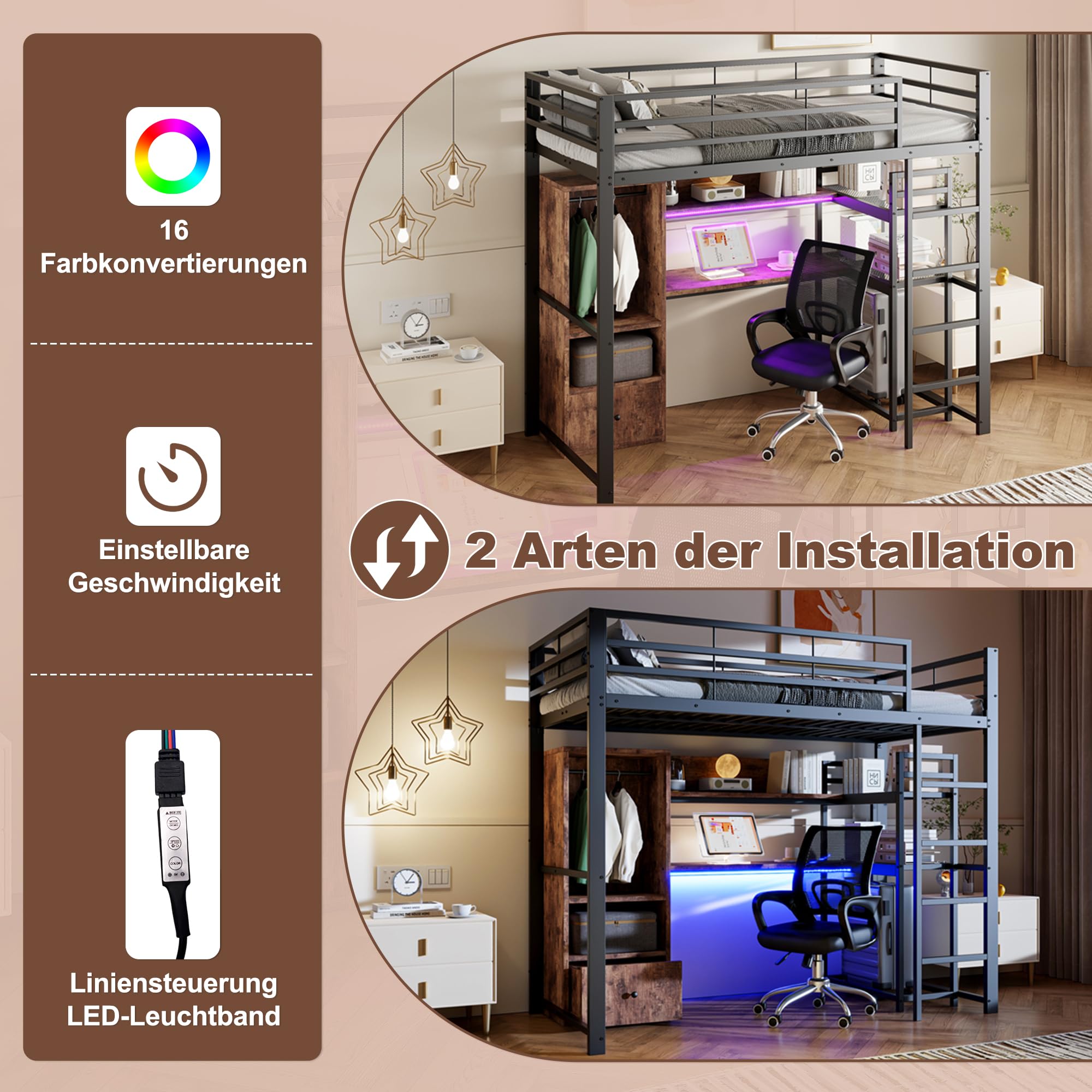 Letto a soppalco 90 x 200 cm, letto per ragazzi in metallo con luci a LED e scrivania, con vano portaoggetti e scaffale, con protezione anti-caduta e scala, senza materasso (nero, 90 x 200 cm)