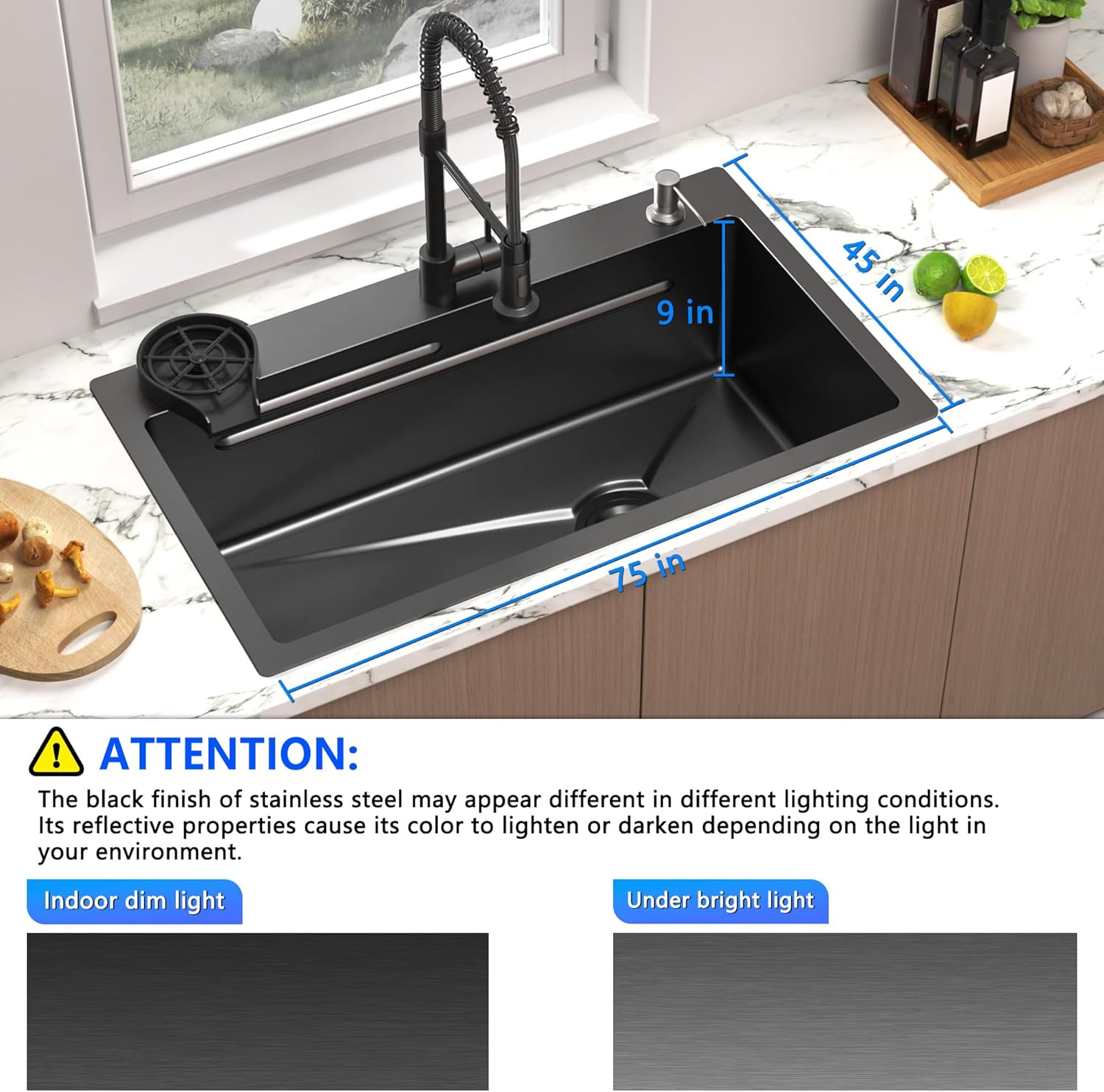 29.5 x 17.7 inch Kitchen Sink, Single Bowl Stainless Steel Gunmetal Black Topmount Multifunctional Drop In Sink with Pull-Down Faucet and Multiple Accessories (Shallow Black)