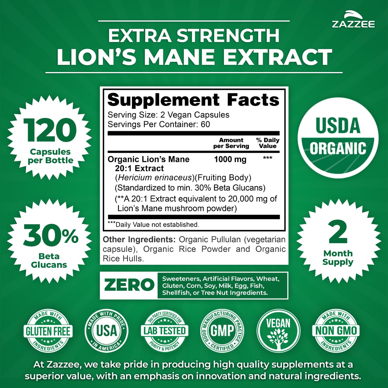 Zazzee USDA Organic Lion's Mane 20:1 Extract, 30% Beta Glucans, Vegan — Amazon image 3