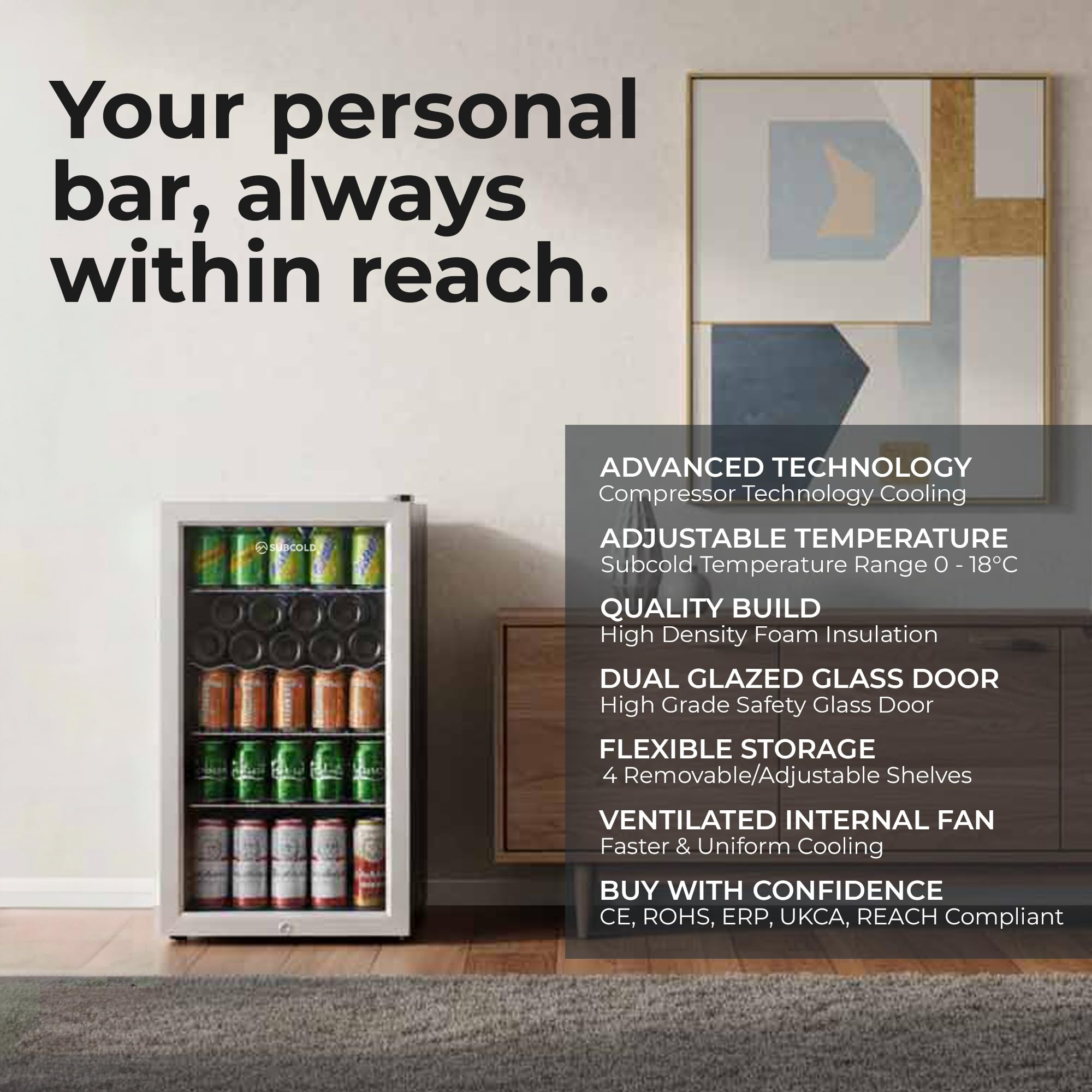 Subcold Super85 LED - Under-Counter Fridge | 85L Beer, Wine & Drinks Fridge | LED Light + Lock and Key | Energy Efficient (Stainless Steel, 85L) — view 5