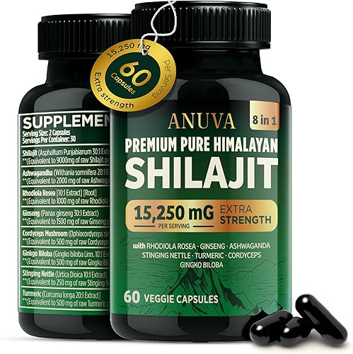 Anuva Pure Shilajit Ultra Himalayan Shilajit Cápsulas 15,250 mg, Orgánico, Ashwagandha, Ginseng, Cordyceps, 60 cápsulas vegetarianas, para hombres y